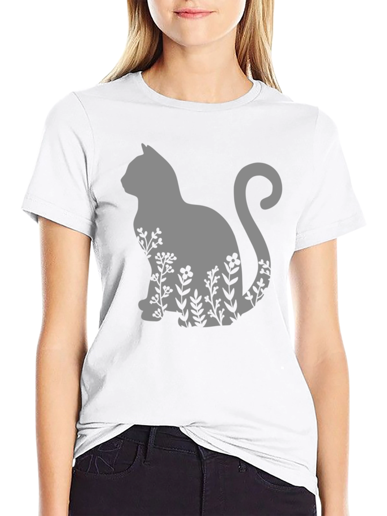 Cat & Floral T-Shirt - Black Tee