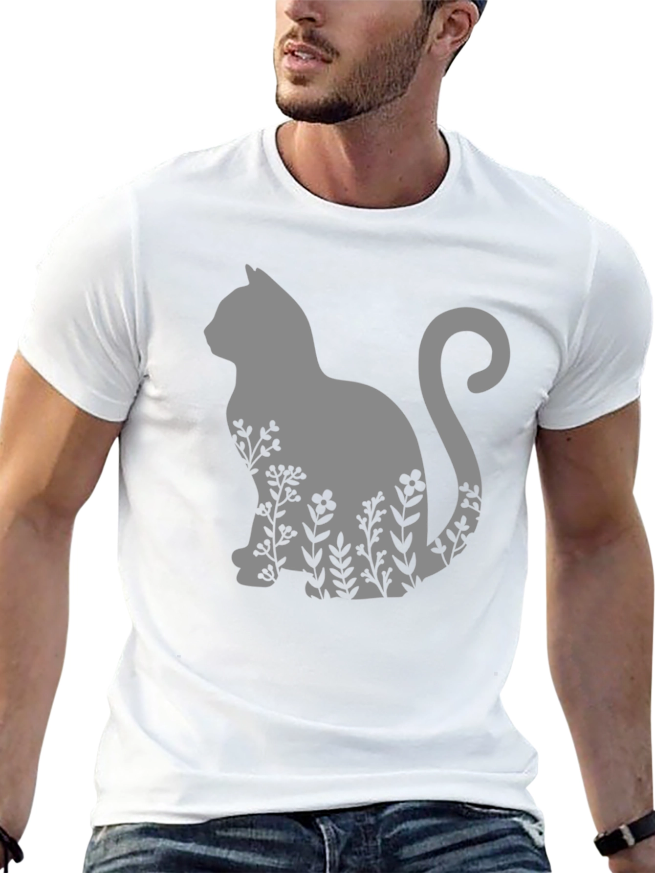 Cat & Floral T-Shirt - Black Tee