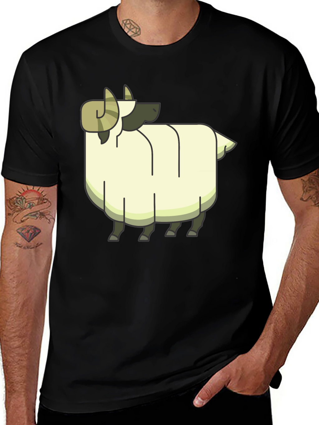 Cartoon Ram Graphic Tee - Black Cotton Casual Shirt