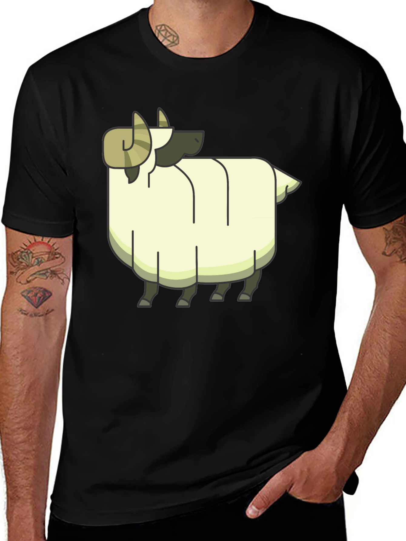 Cartoon Ram Graphic Tee - Black Cotton Casual Shirt