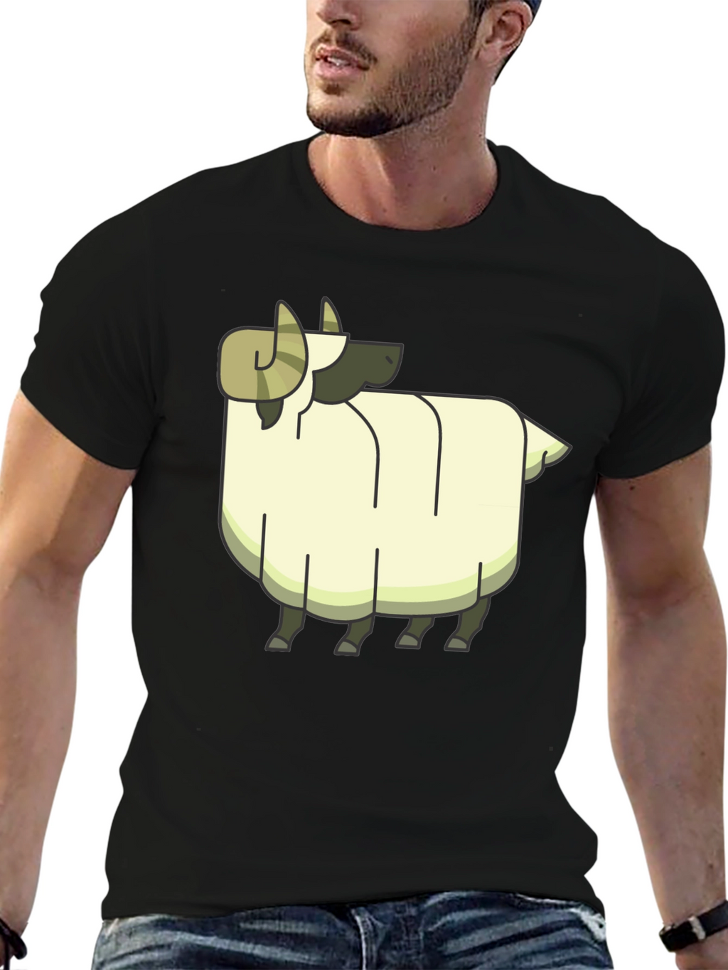 Cartoon Ram Graphic Tee - Black Cotton Casual Shirt