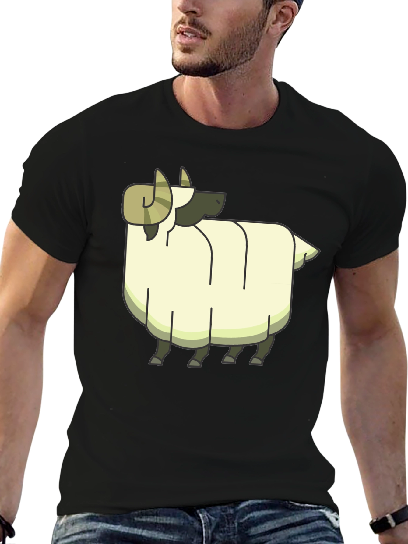 Cartoon Ram Graphic Tee - Black Cotton Casual Shirt