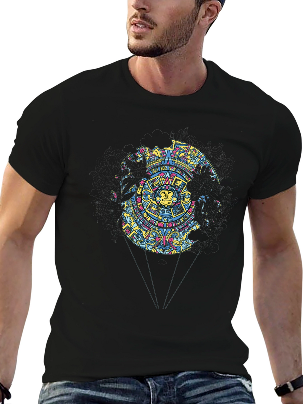 Aztec Calendar Graphic Print Black T-Shirt
