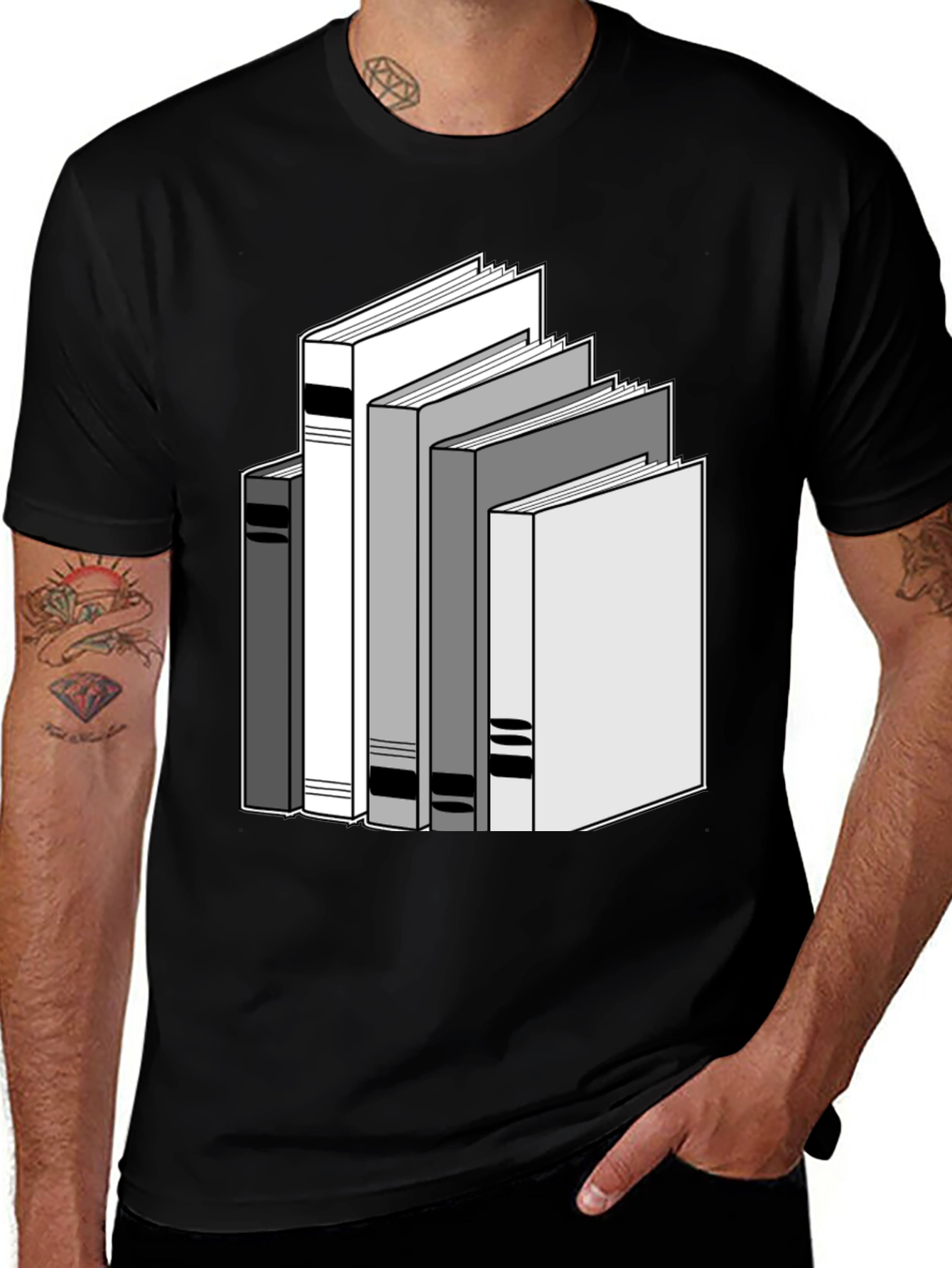 Stacked Books Graphic Tee - Black Cotton T-Shirt