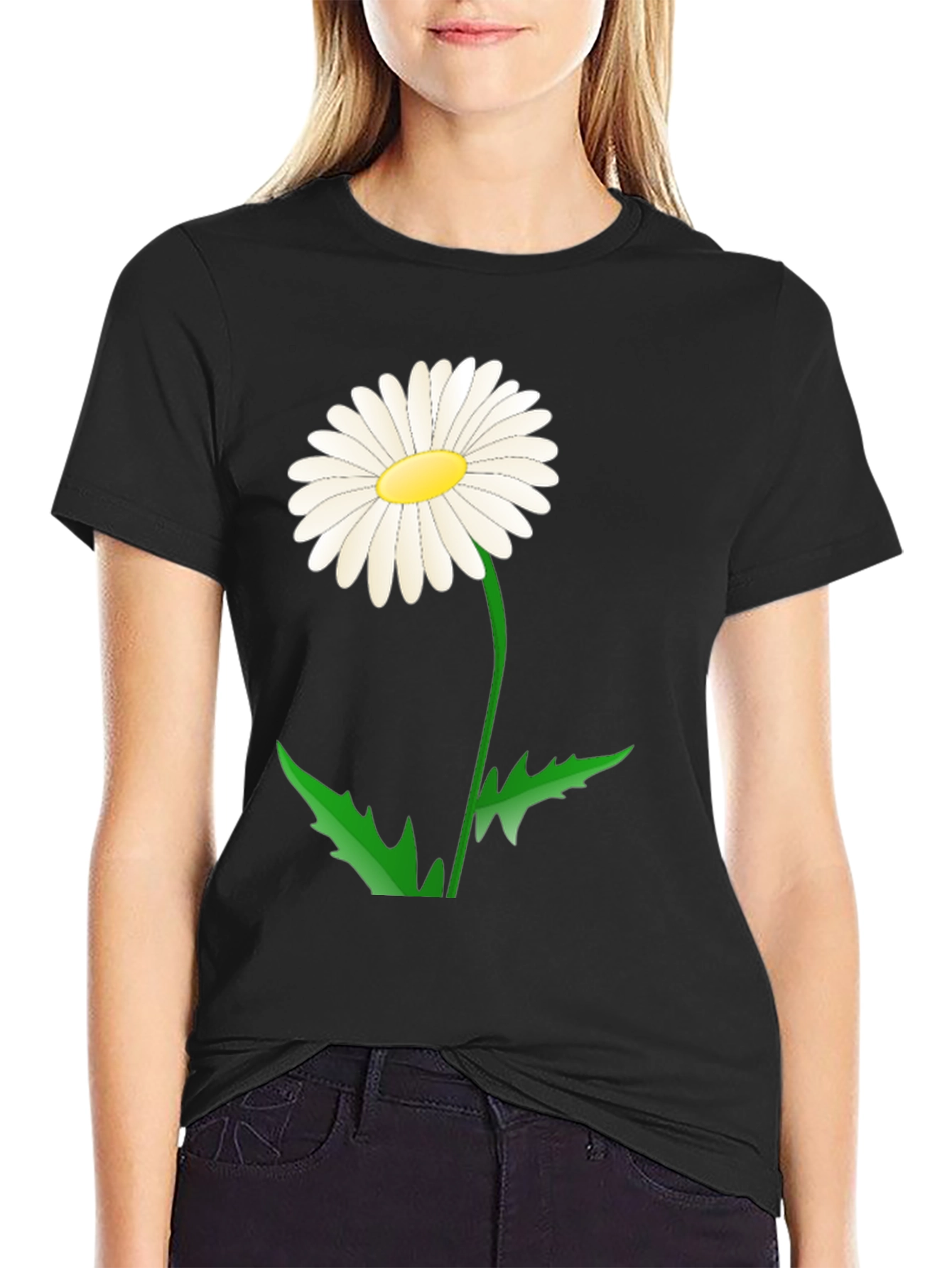 Daisy Flower Graphic Tee - Black Cotton Blend