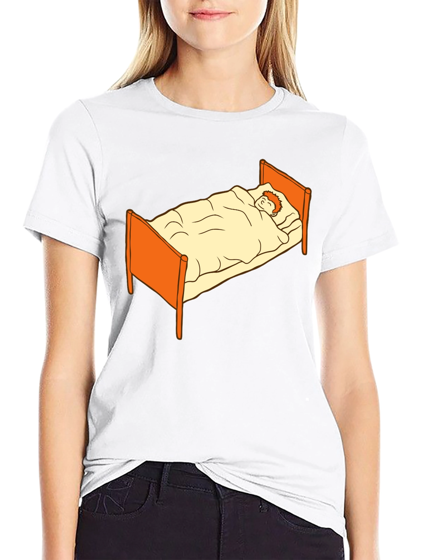 Sleepy Cartoon Man in Bed Graphic Tee - Black
