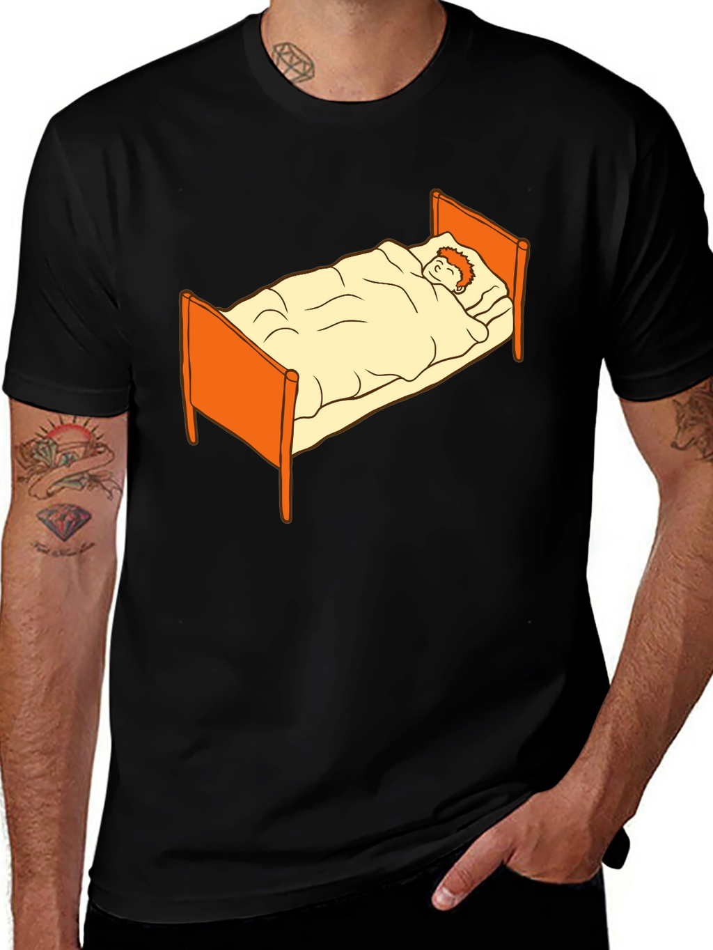 Sleepy Cartoon Man in Bed Graphic Tee - Black