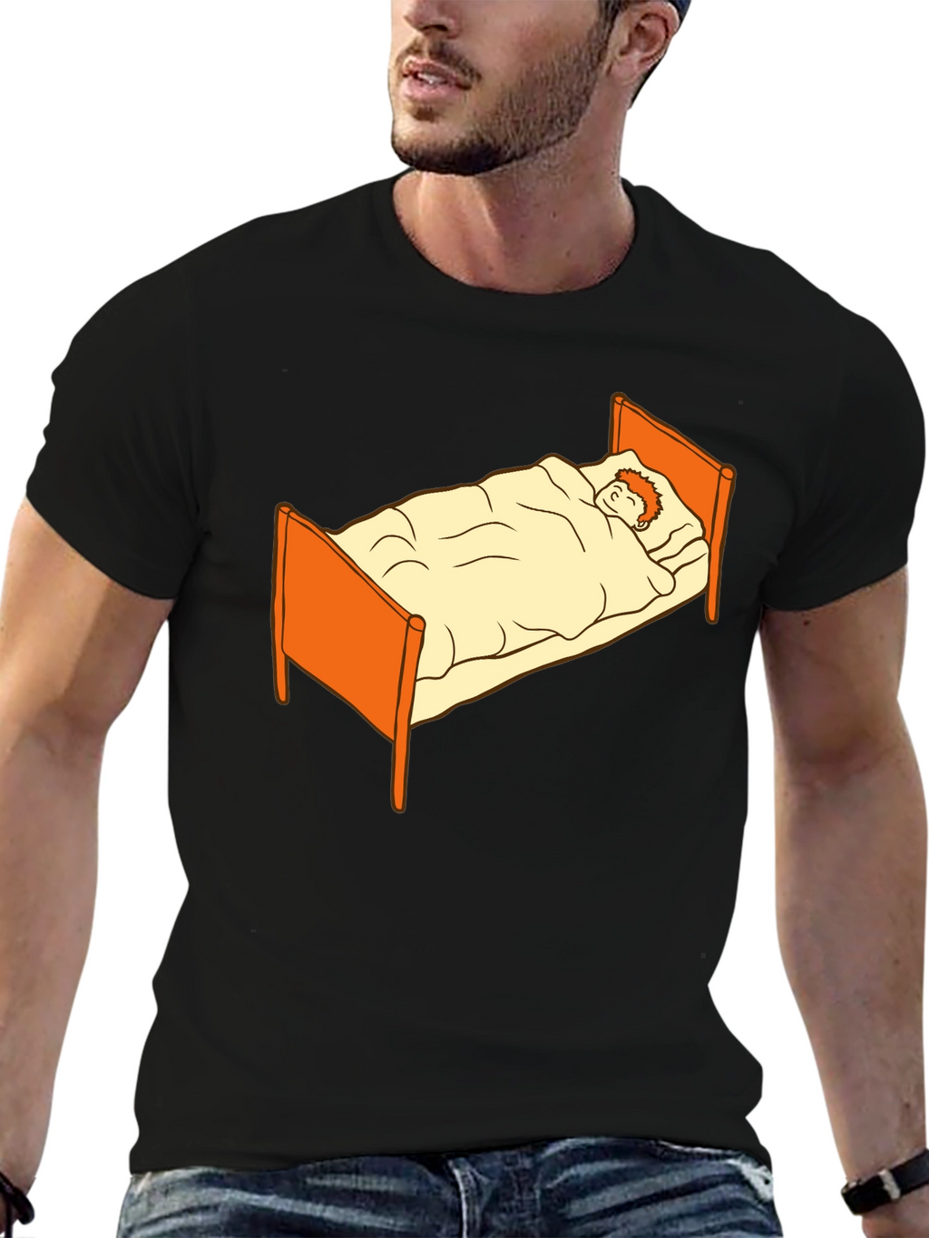 Sleepy Cartoon Man in Bed Graphic Tee - Black