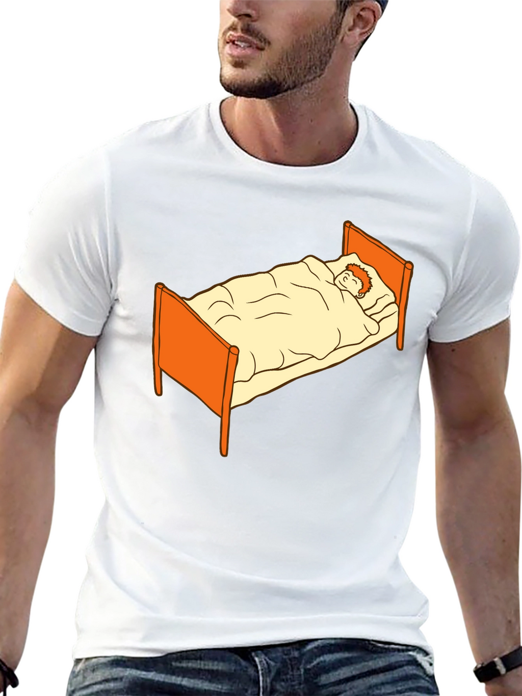 Sleepy Cartoon Man in Bed Graphic Tee - Black