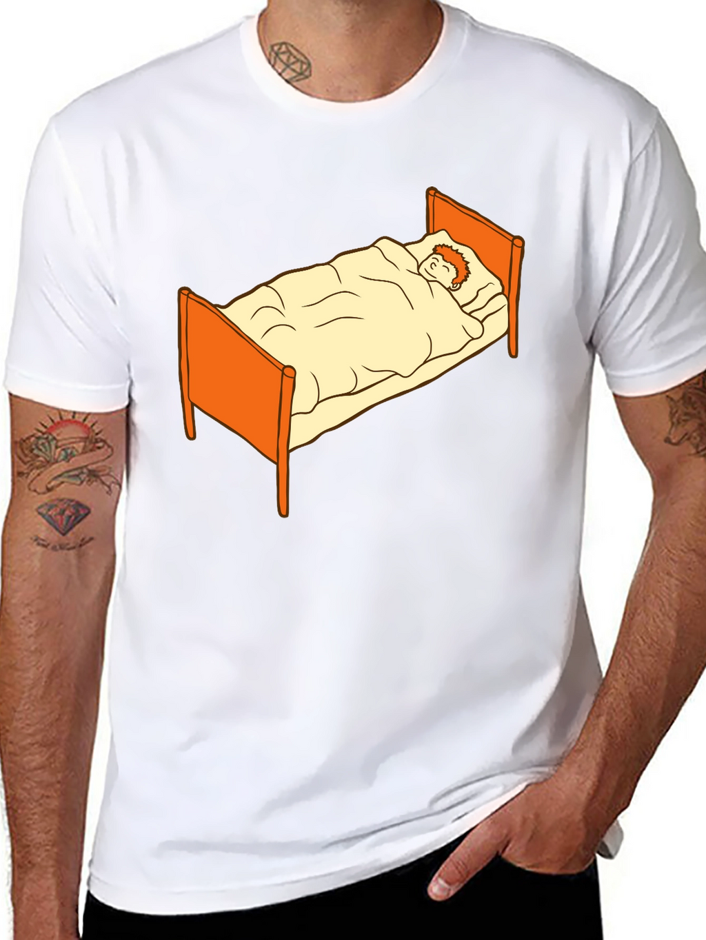 Sleepy Cartoon Man in Bed Graphic Tee - Black