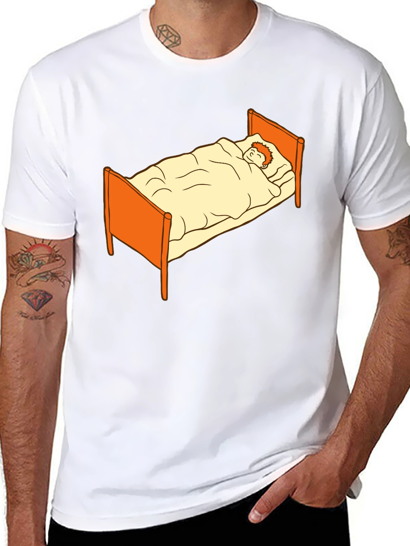 Sleepy Cartoon Man in Bed Graphic Tee - Black