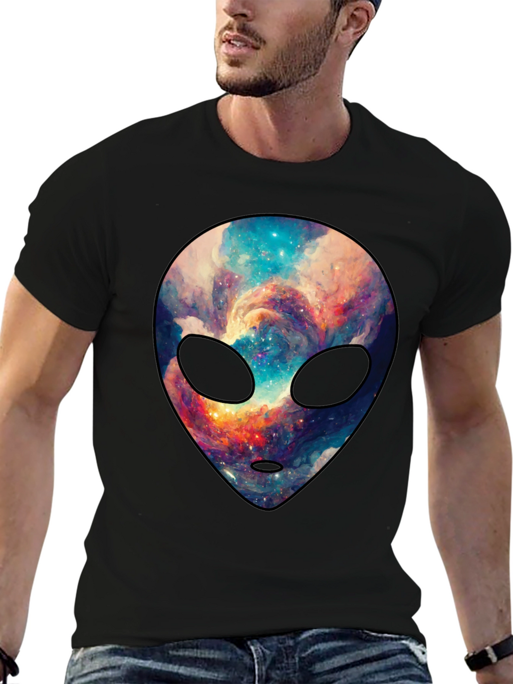 Cosmic Alien Graphic Tee - Trendy Mens Black T-Shirt