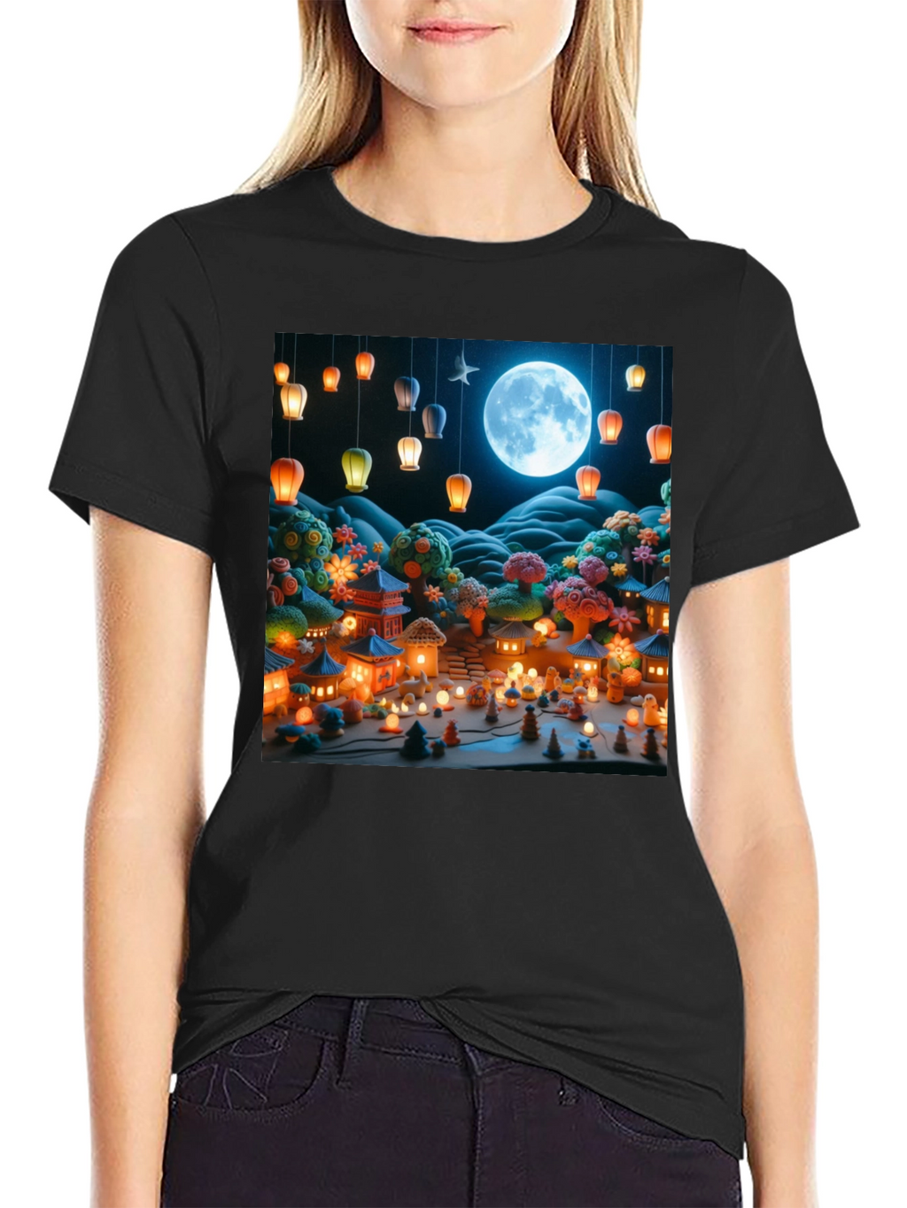 Moonlit Japanese Village Graphic Tee