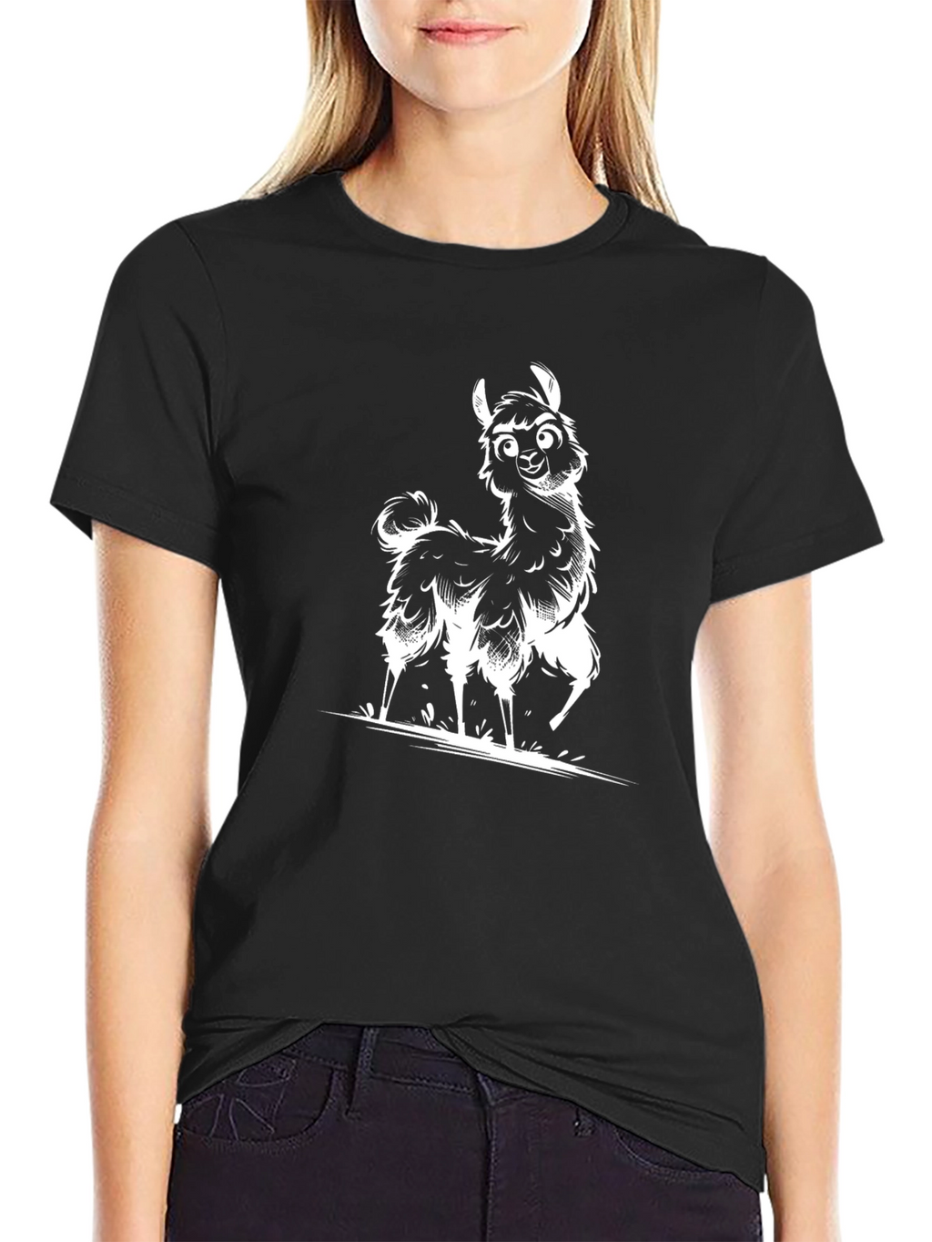 Cartoon Llama Graphic Tee - Black Casual T-Shirt