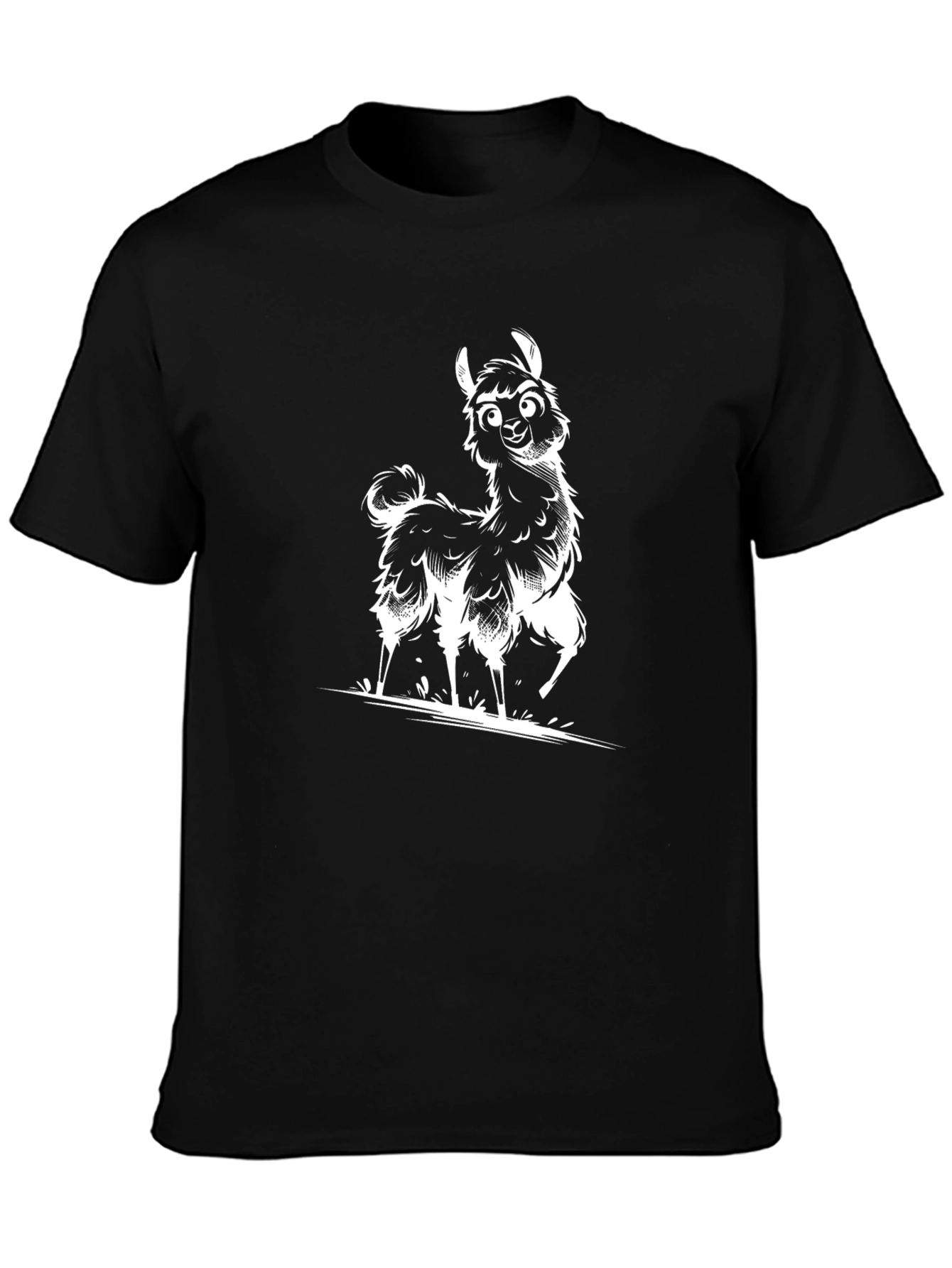 Cartoon Llama Graphic Tee - Black Casual T-Shirt