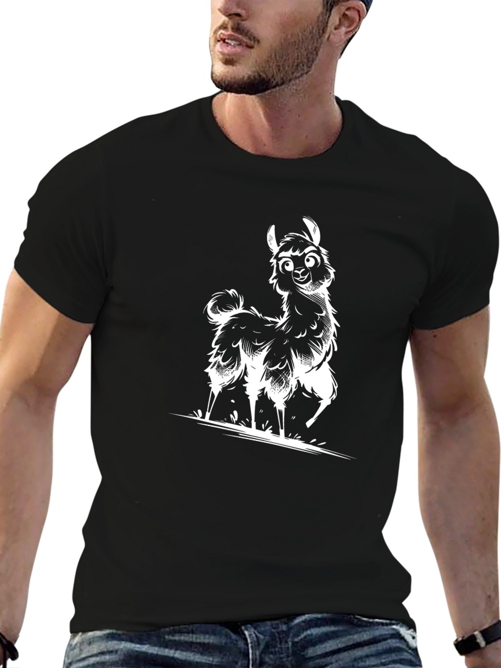 Cartoon Llama Graphic Tee - Black Casual T-Shirt