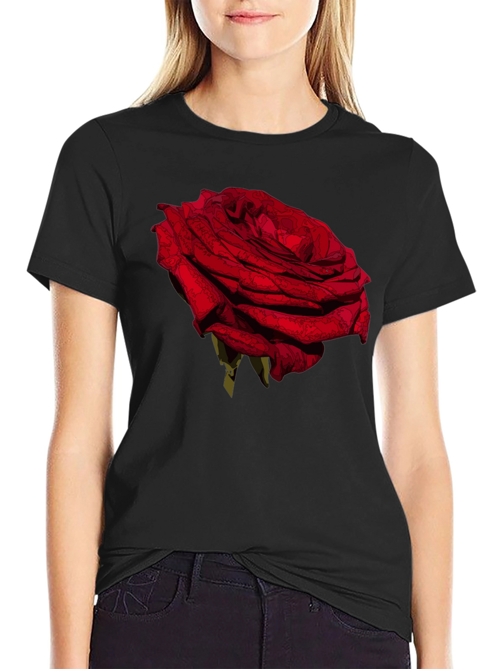 Red Rose Graphic Tee - Black Casual T-Shirt