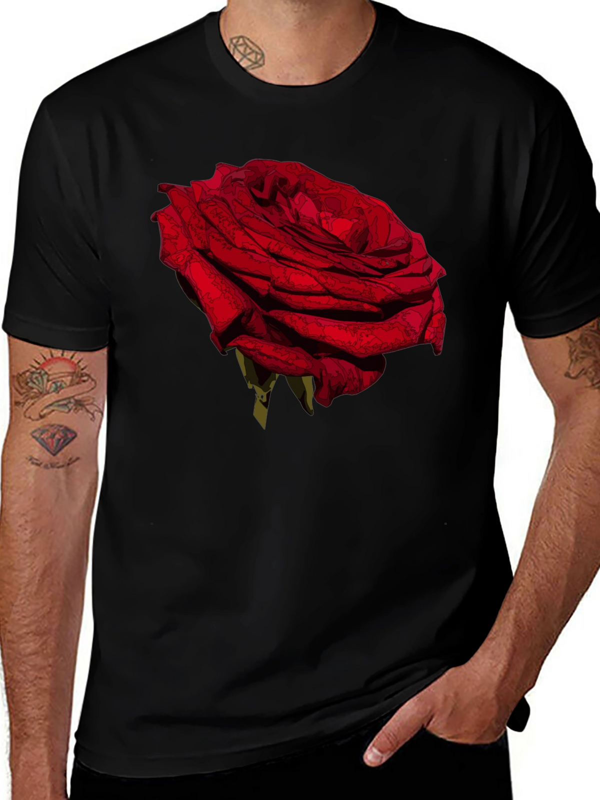 Red Rose Graphic Tee - Black Casual T-Shirt