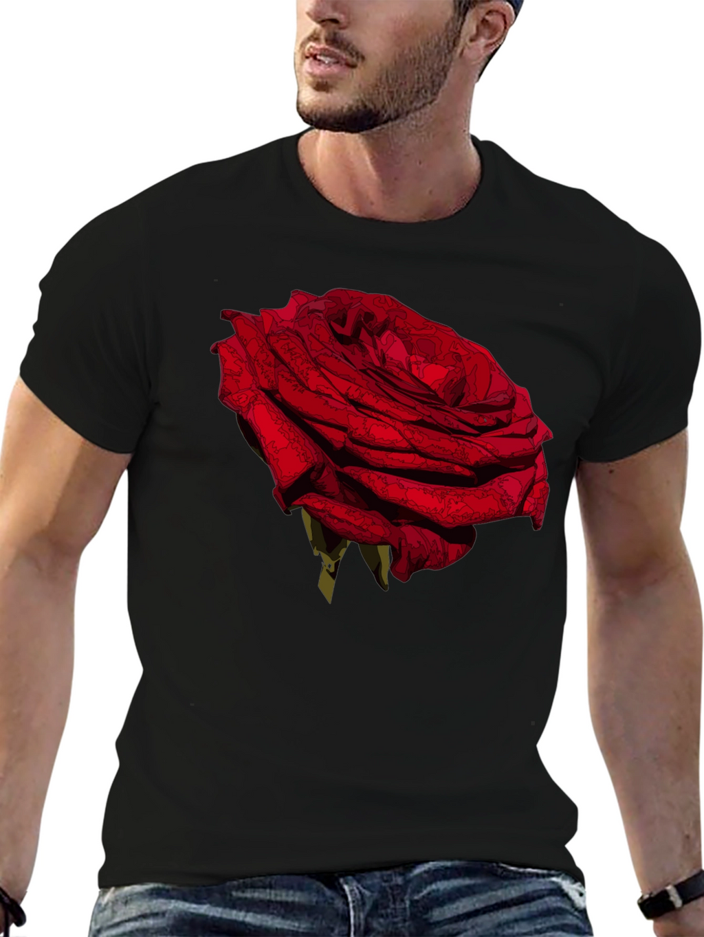 Red Rose Graphic Tee - Black Casual T-Shirt
