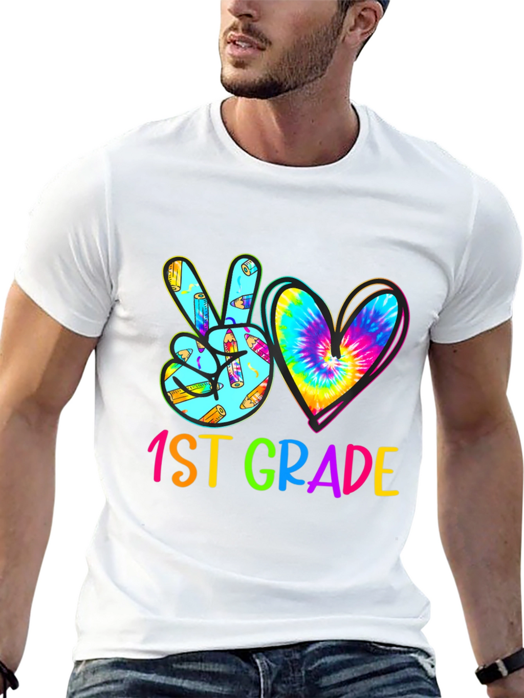 1st Grade Peace Sign Heart Tie Dye Teacher Shirt