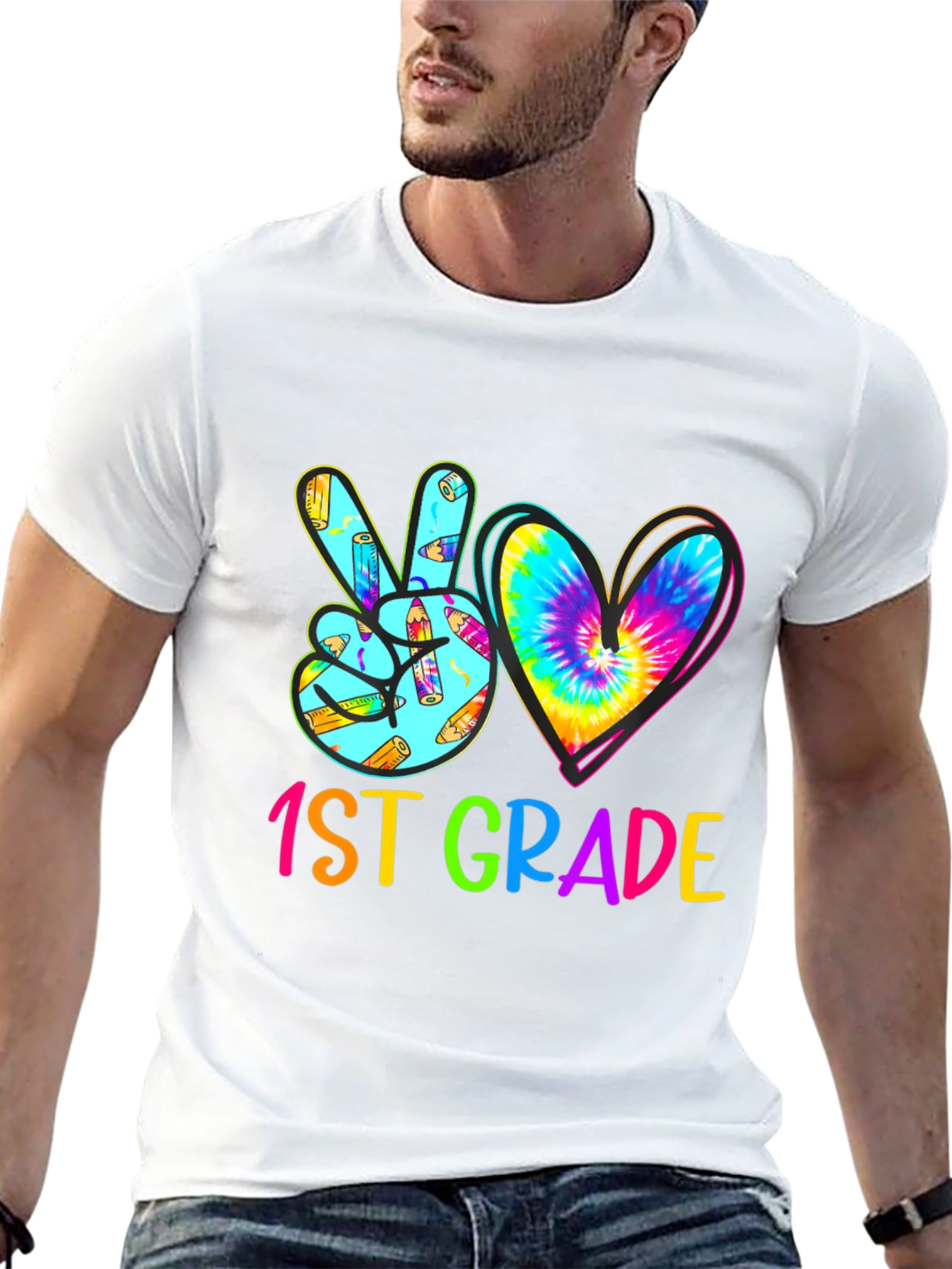 1st Grade Peace Sign Heart Tie Dye Teacher Shirt