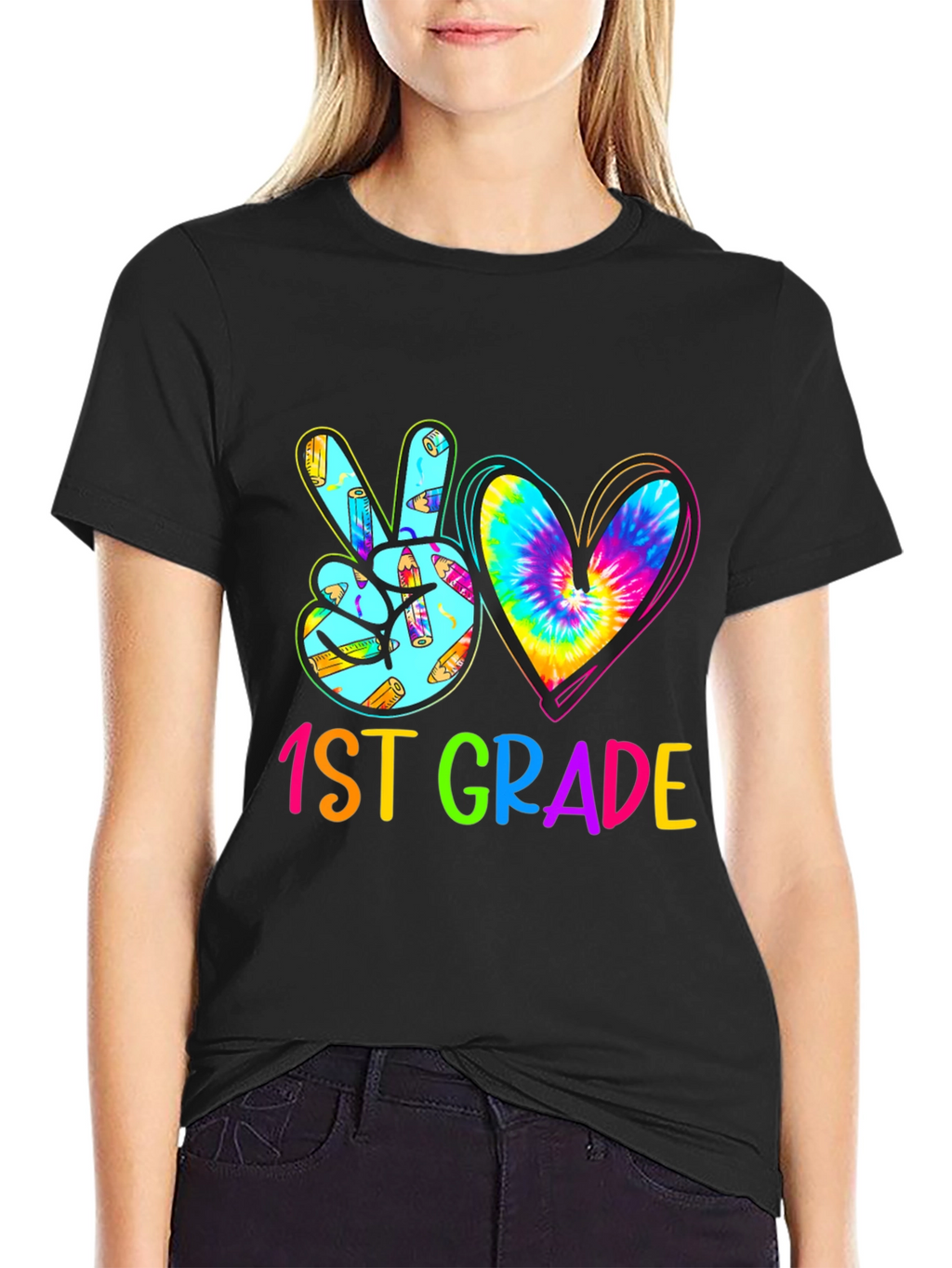 1st Grade Peace Sign Heart Tie Dye Teacher Shirt