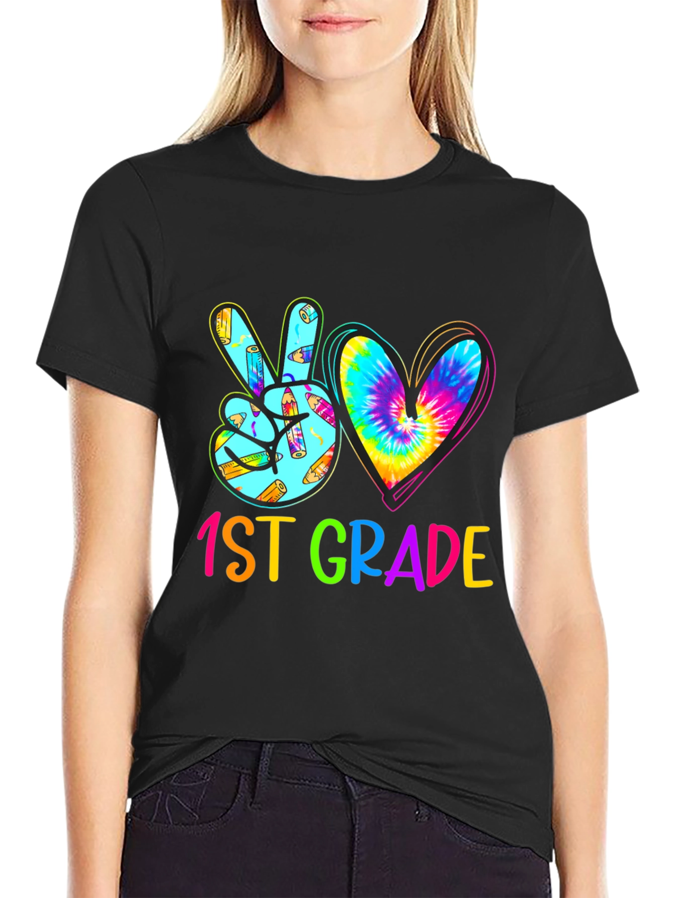 1st Grade Peace Sign Heart Tie Dye Teacher Shirt