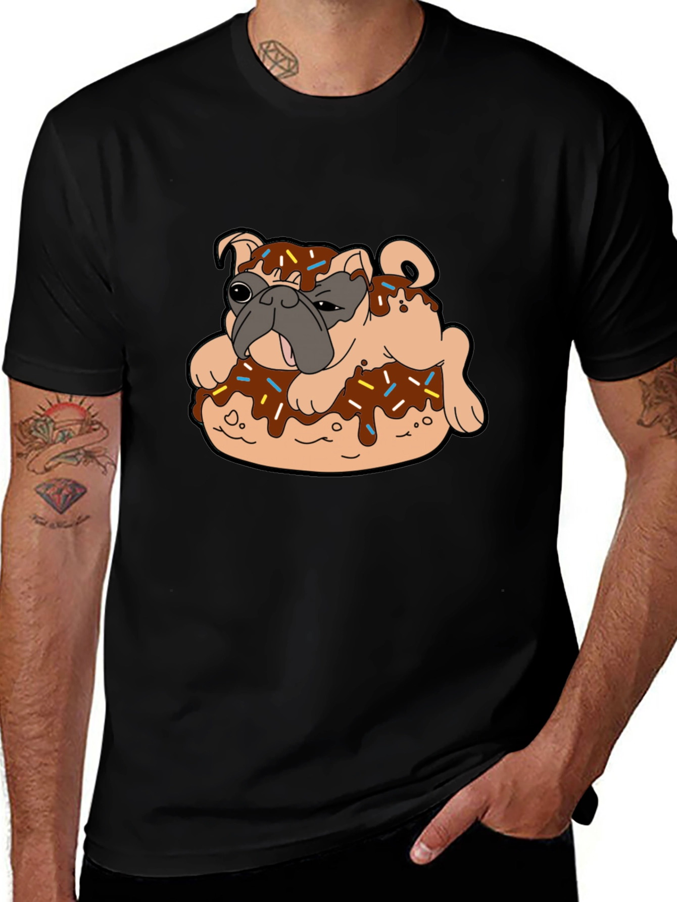 Pug in Donut Black T-Shirt Novelty Tee