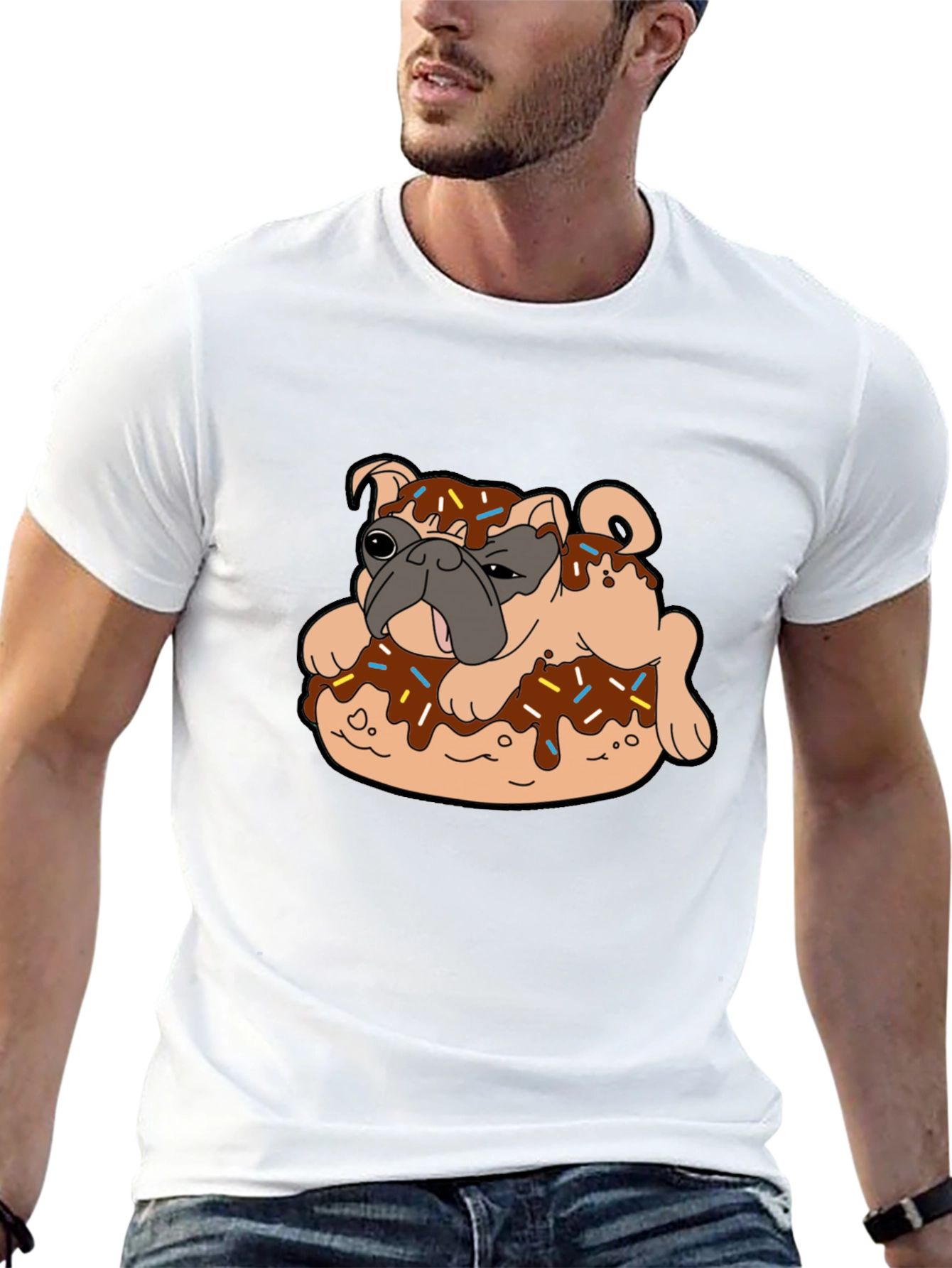 Pug in Donut Black T-Shirt Novelty Tee