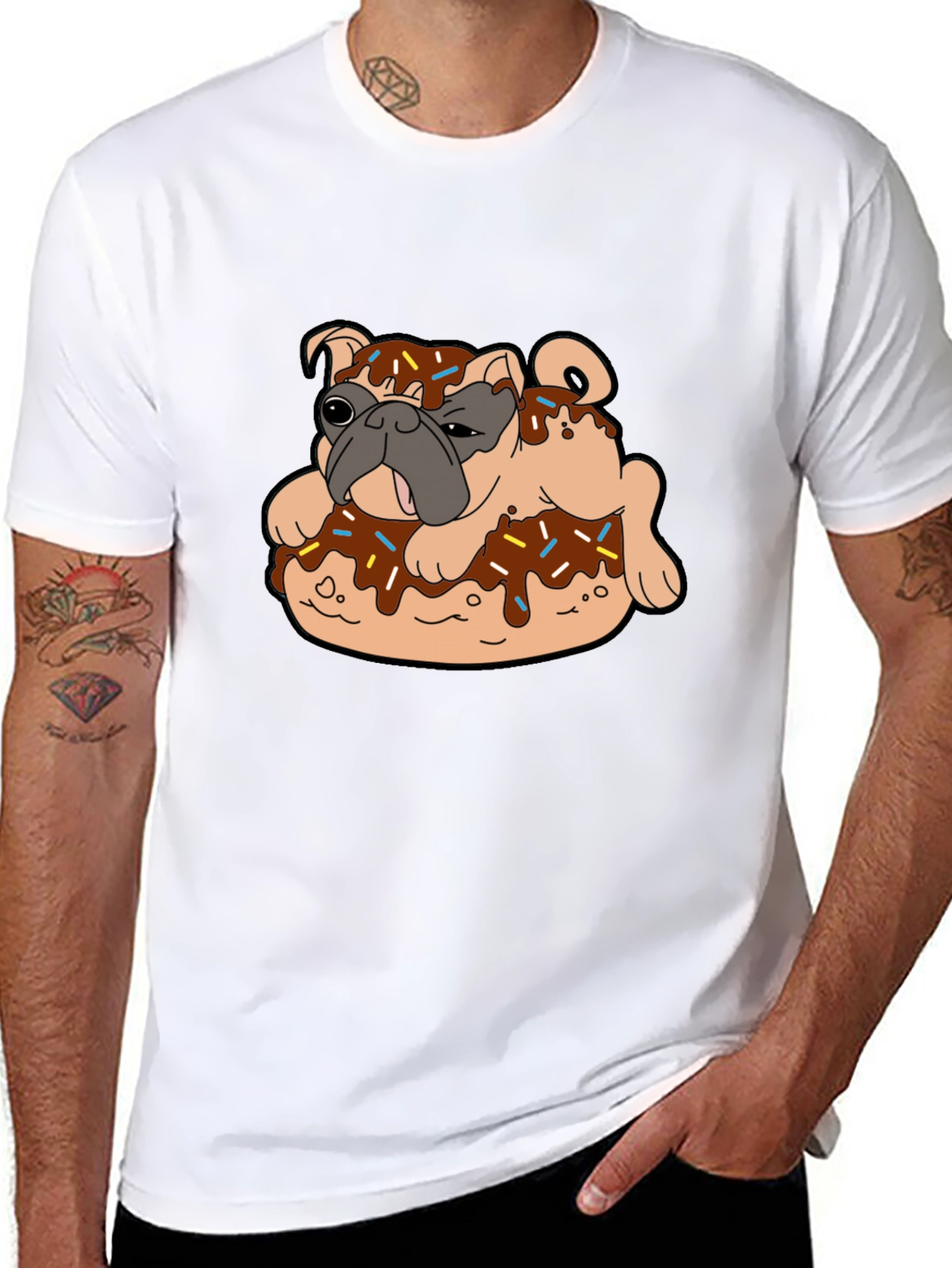 Pug in Donut Black T-Shirt Novelty Tee