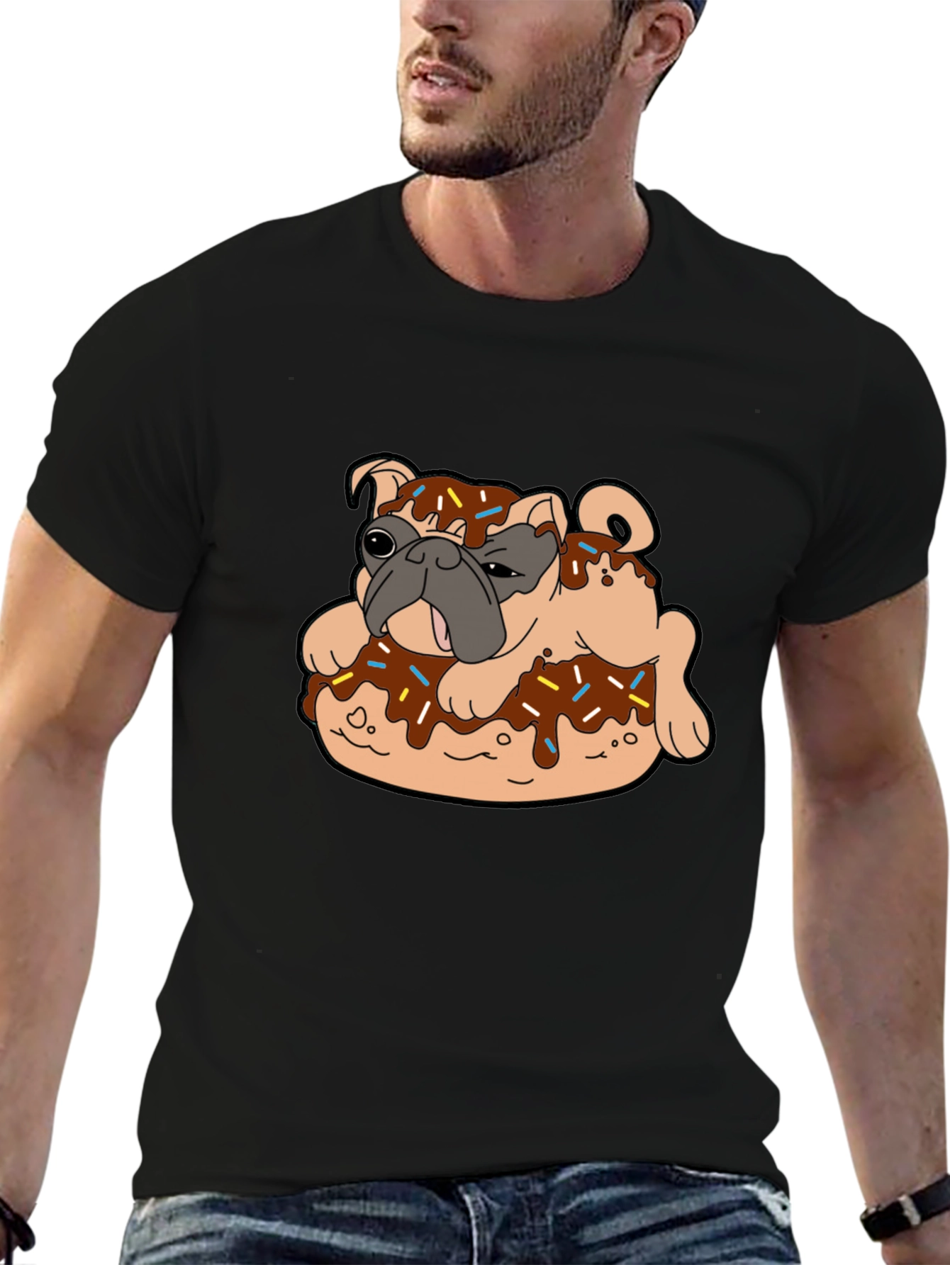 Pug in Donut Black T-Shirt Novelty Tee