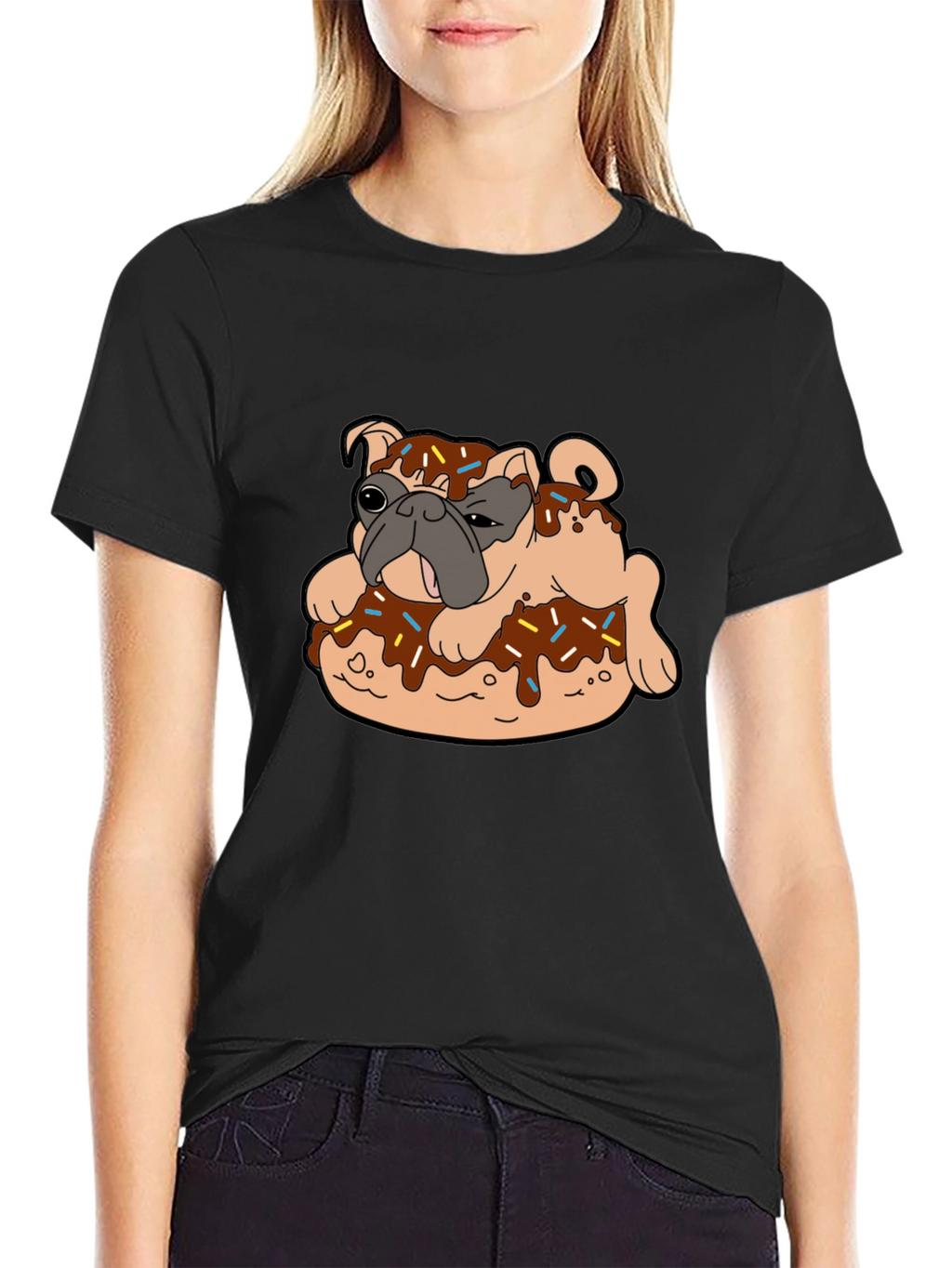Pug in Donut Black T-Shirt Novelty Tee
