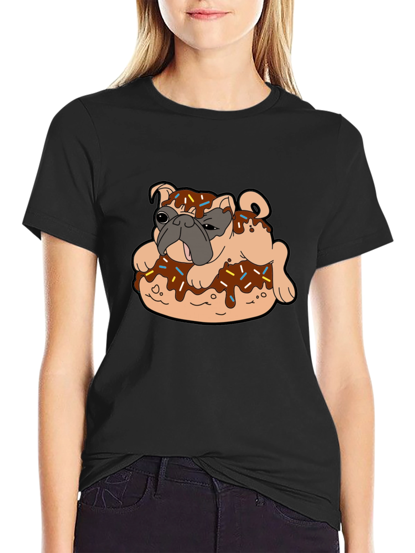 Pug in Donut Black T-Shirt Novelty Tee