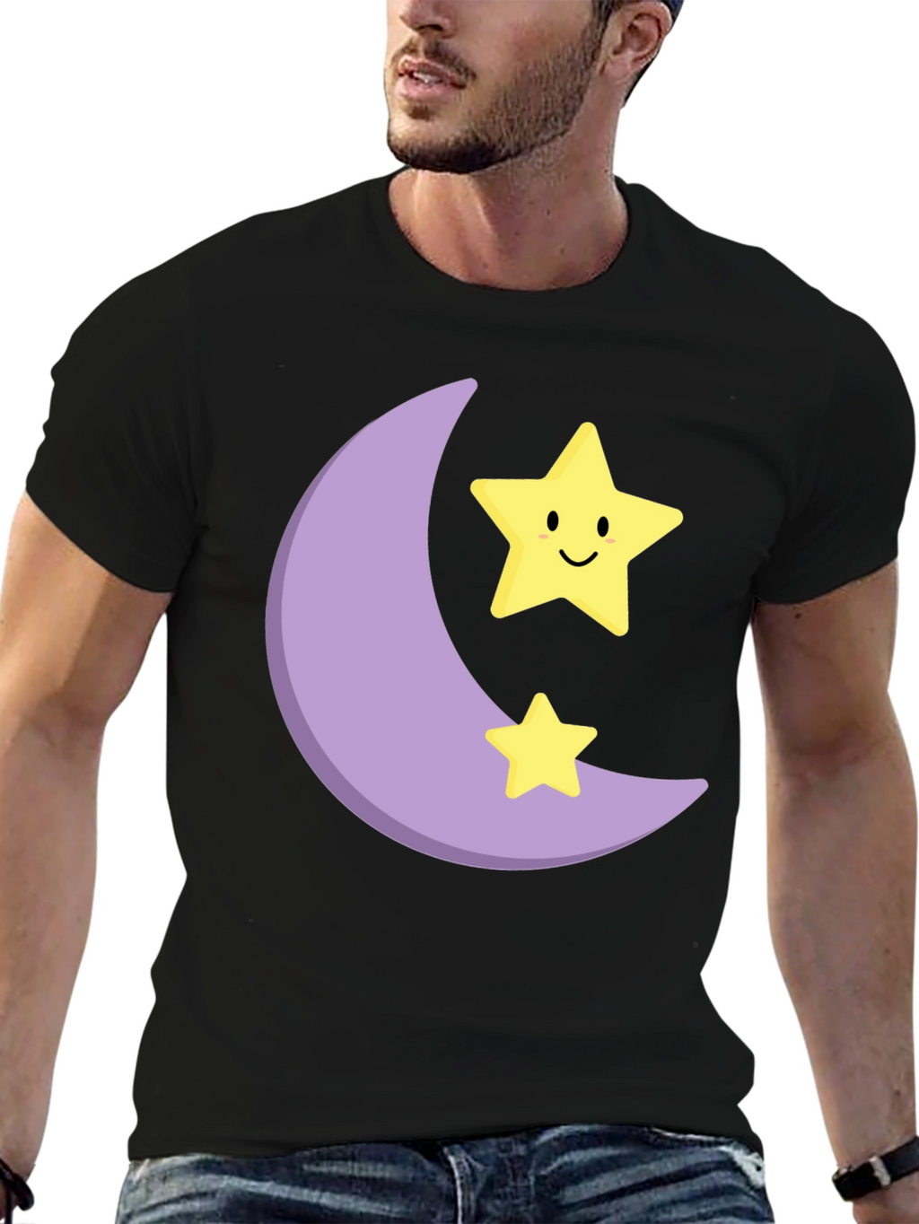 Cute Moon & Stars Graphic Black T-Shirt