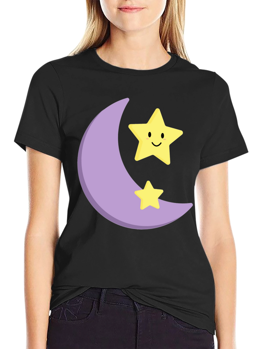Cute Moon & Stars Graphic Black T-Shirt