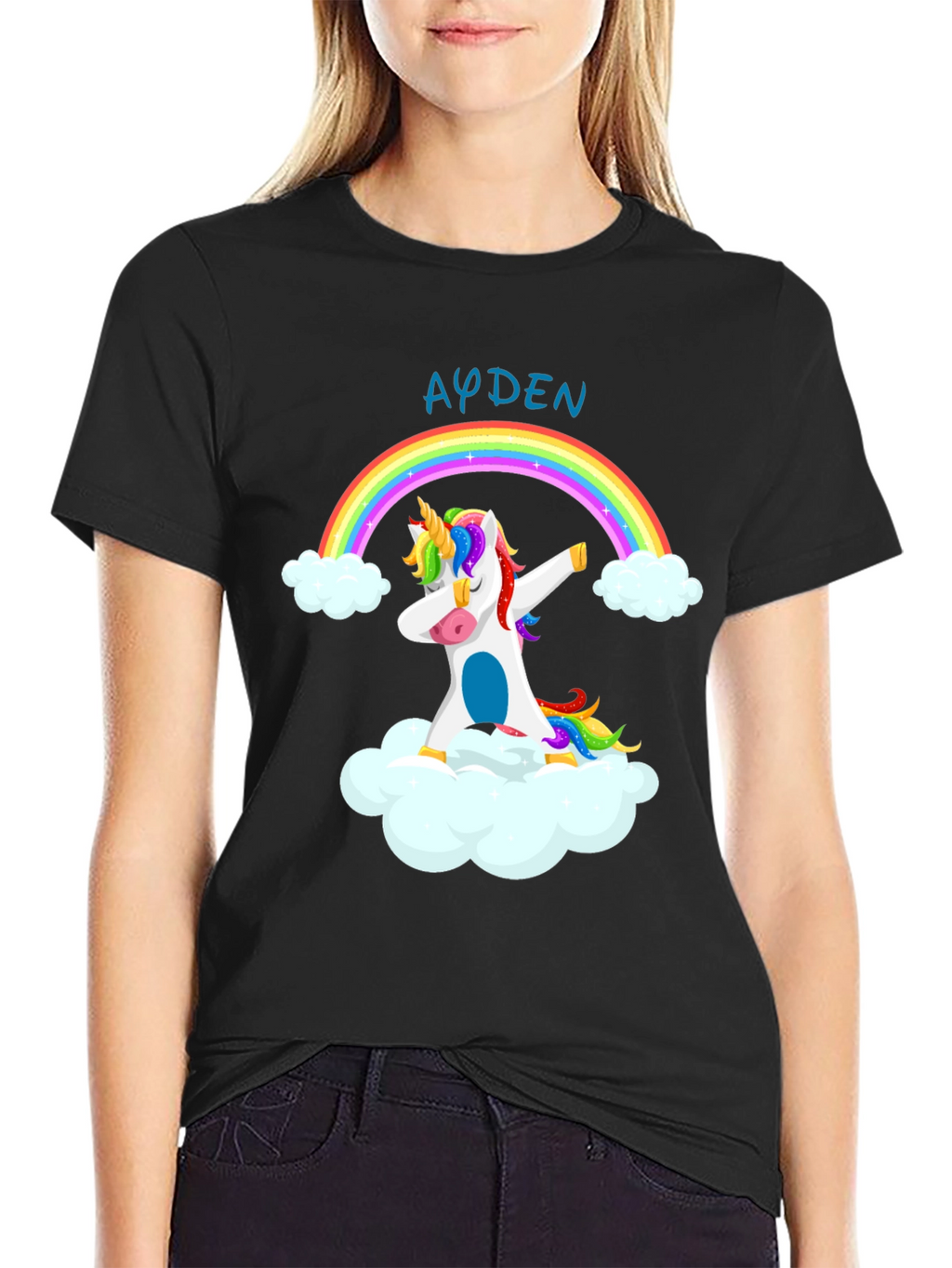 Ayden Rainbow Unicorn Dab Black T-Shirt