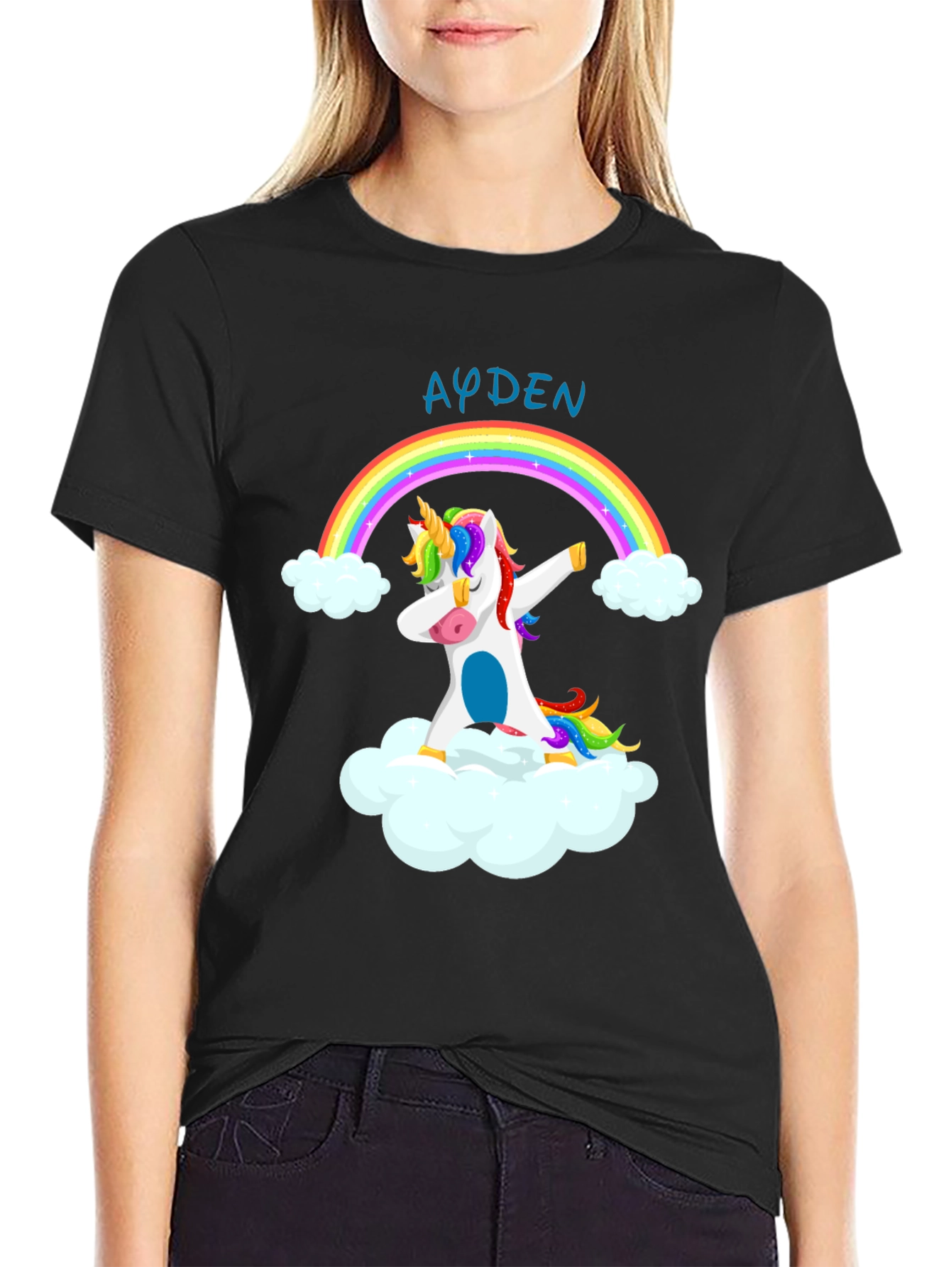 Ayden Rainbow Unicorn Dab Black T-Shirt