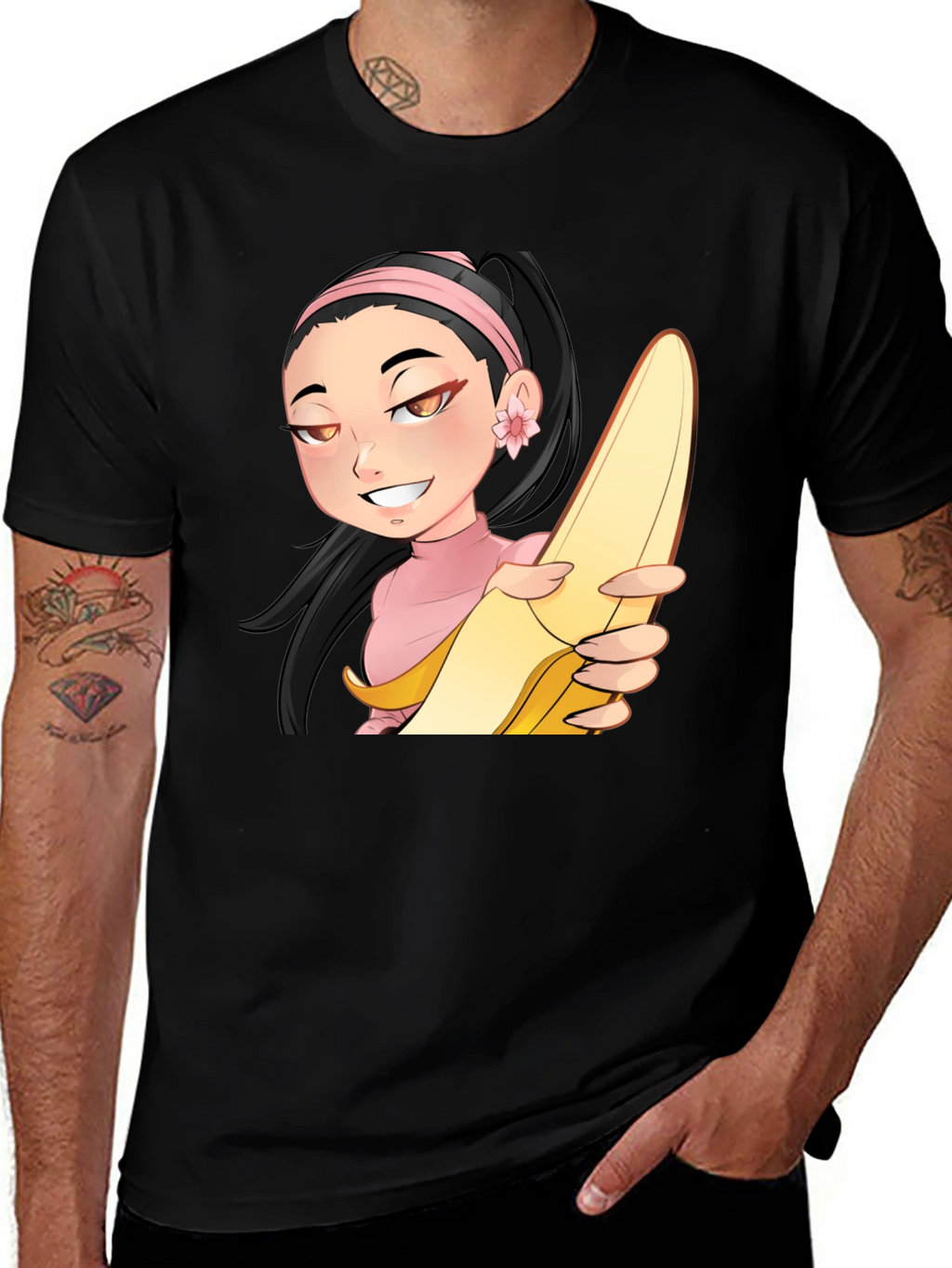 Anime Girl with Banana Black T-Shirt