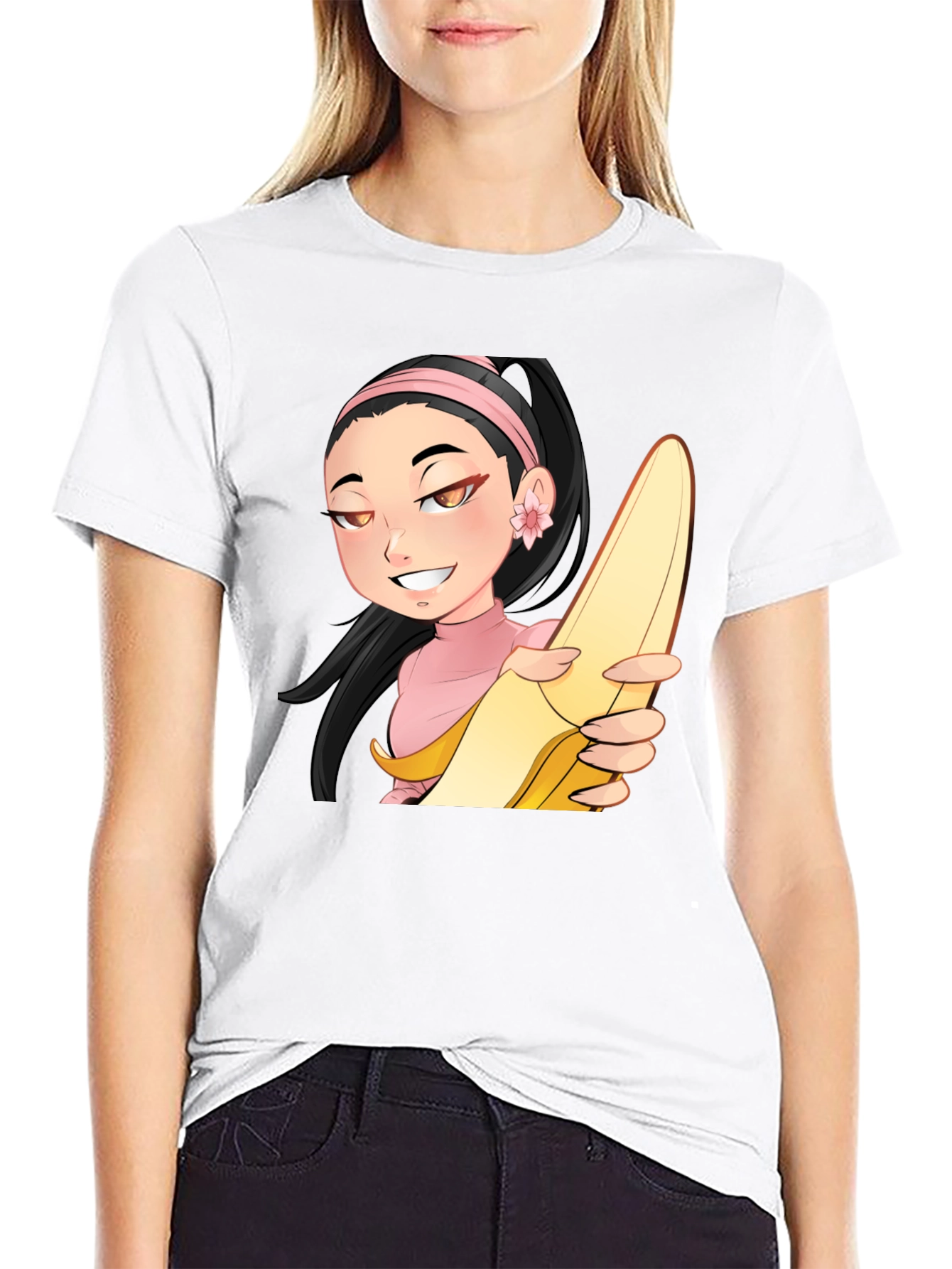 Anime Girl with Banana Black T-Shirt