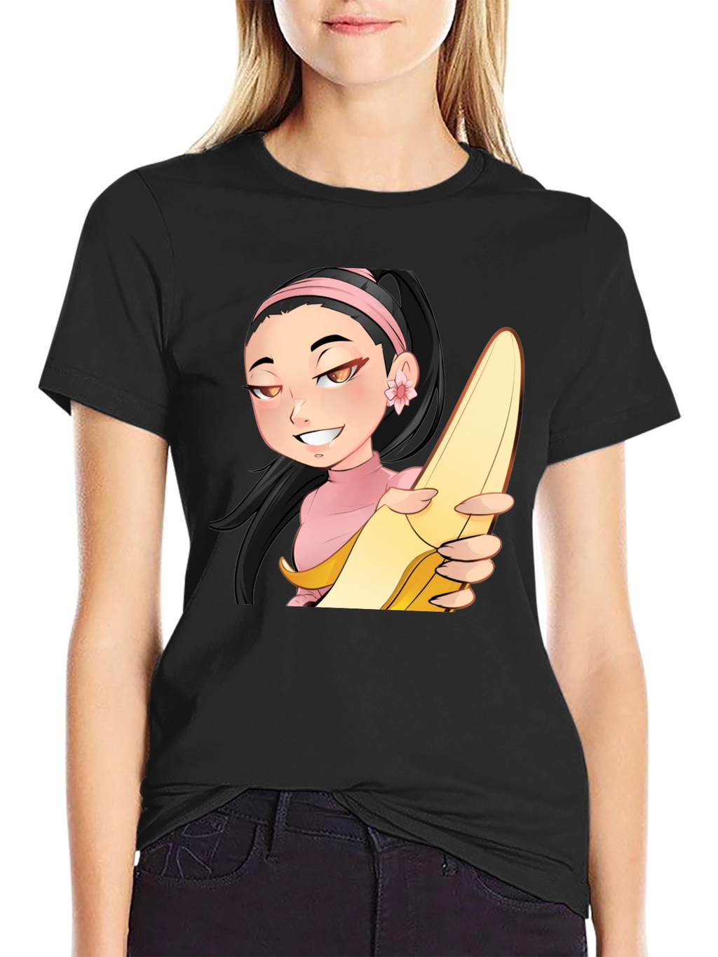 Anime Girl with Banana Black T-Shirt