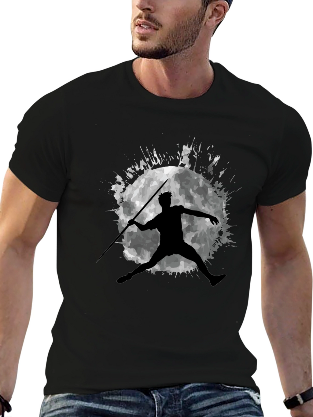 Javelin Thrower Moon Graphic Black T-Shirt