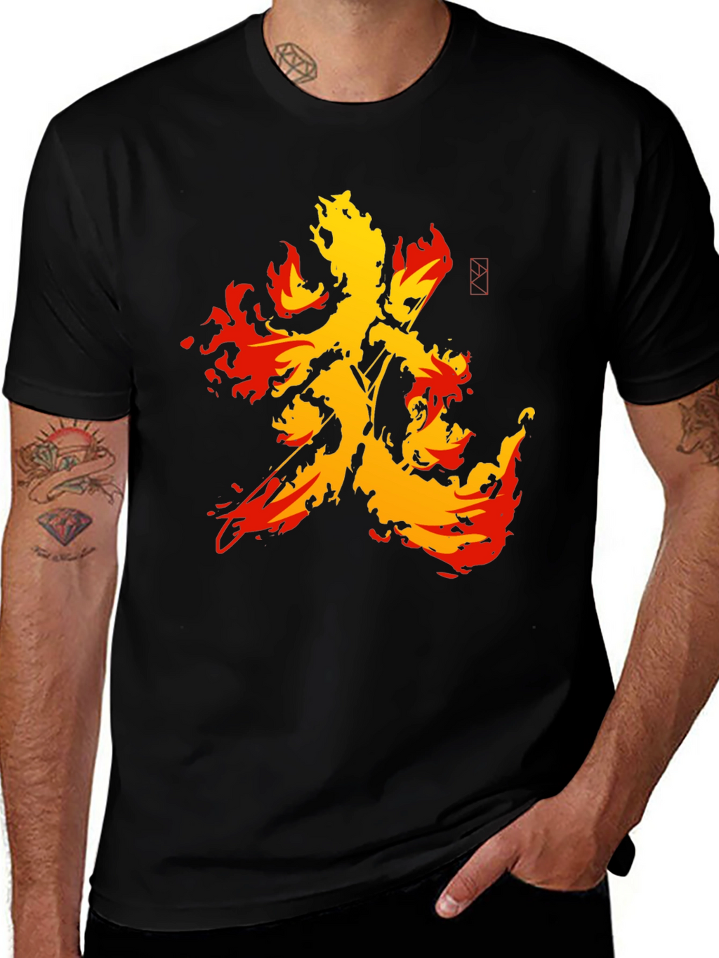 Fiery Kanji Graphic Tee - Bold Black Shirt
