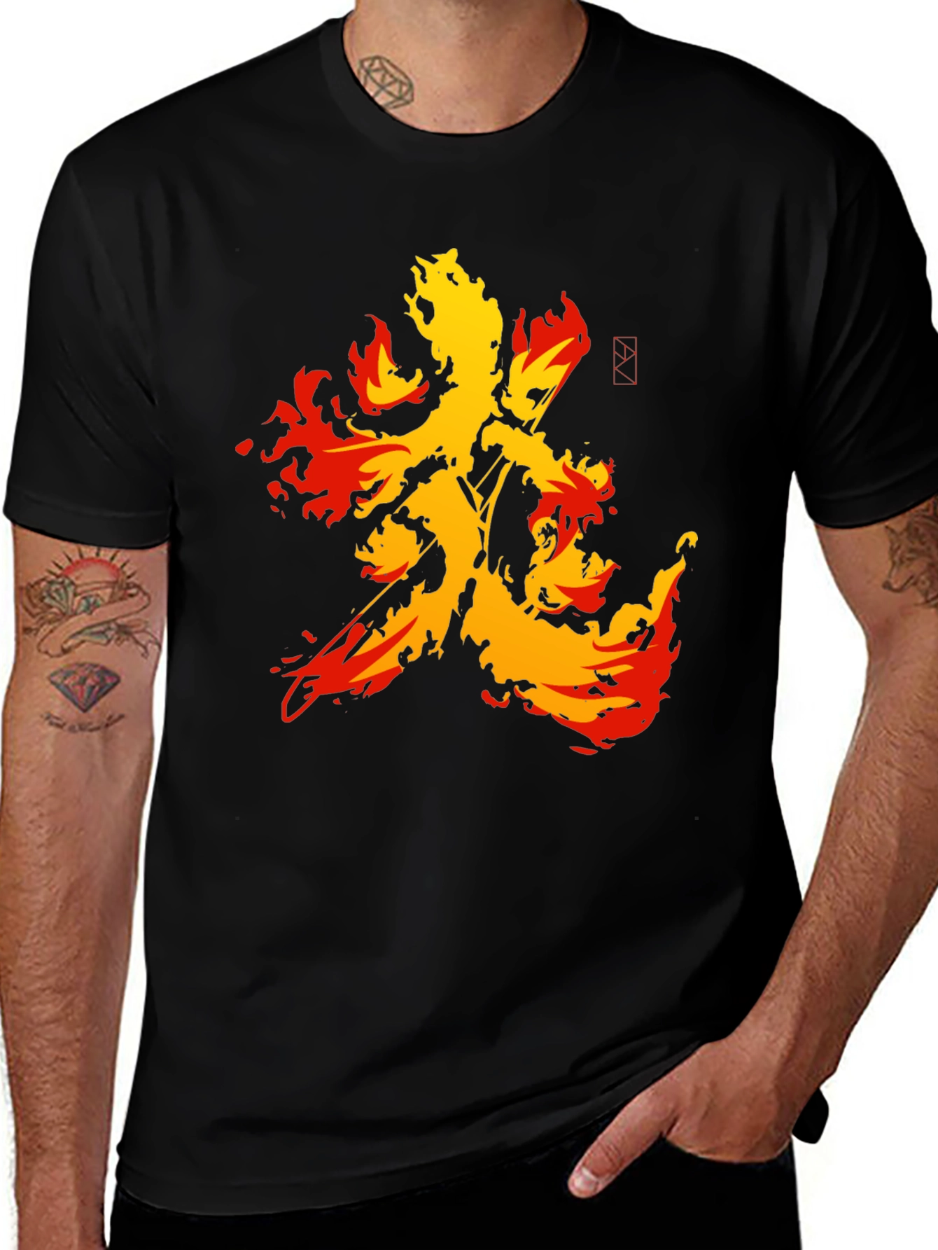Fiery Kanji Graphic Tee - Bold Black Shirt