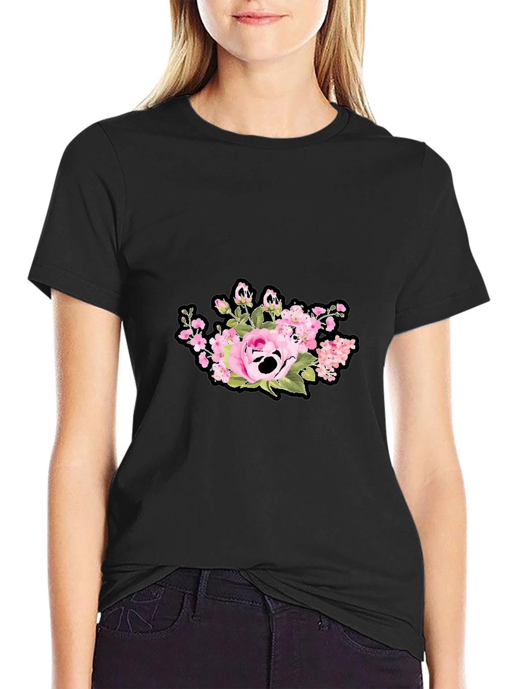 Floral Skull Graphic Print Black T-Shirt