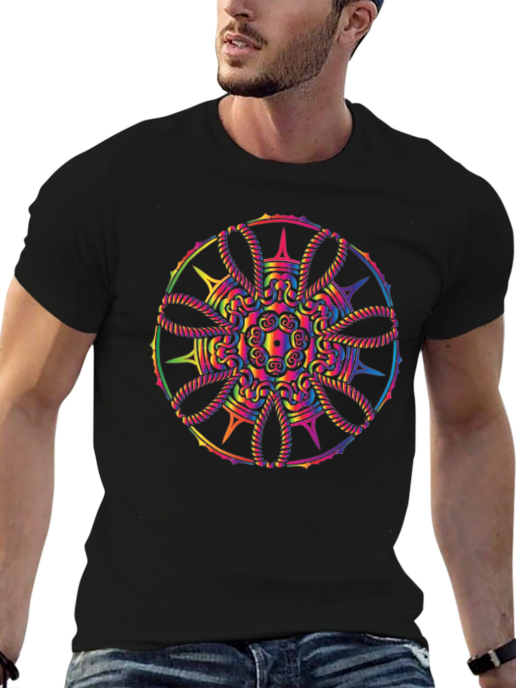 Rainbow Mandala Graphic Black T-Shirt