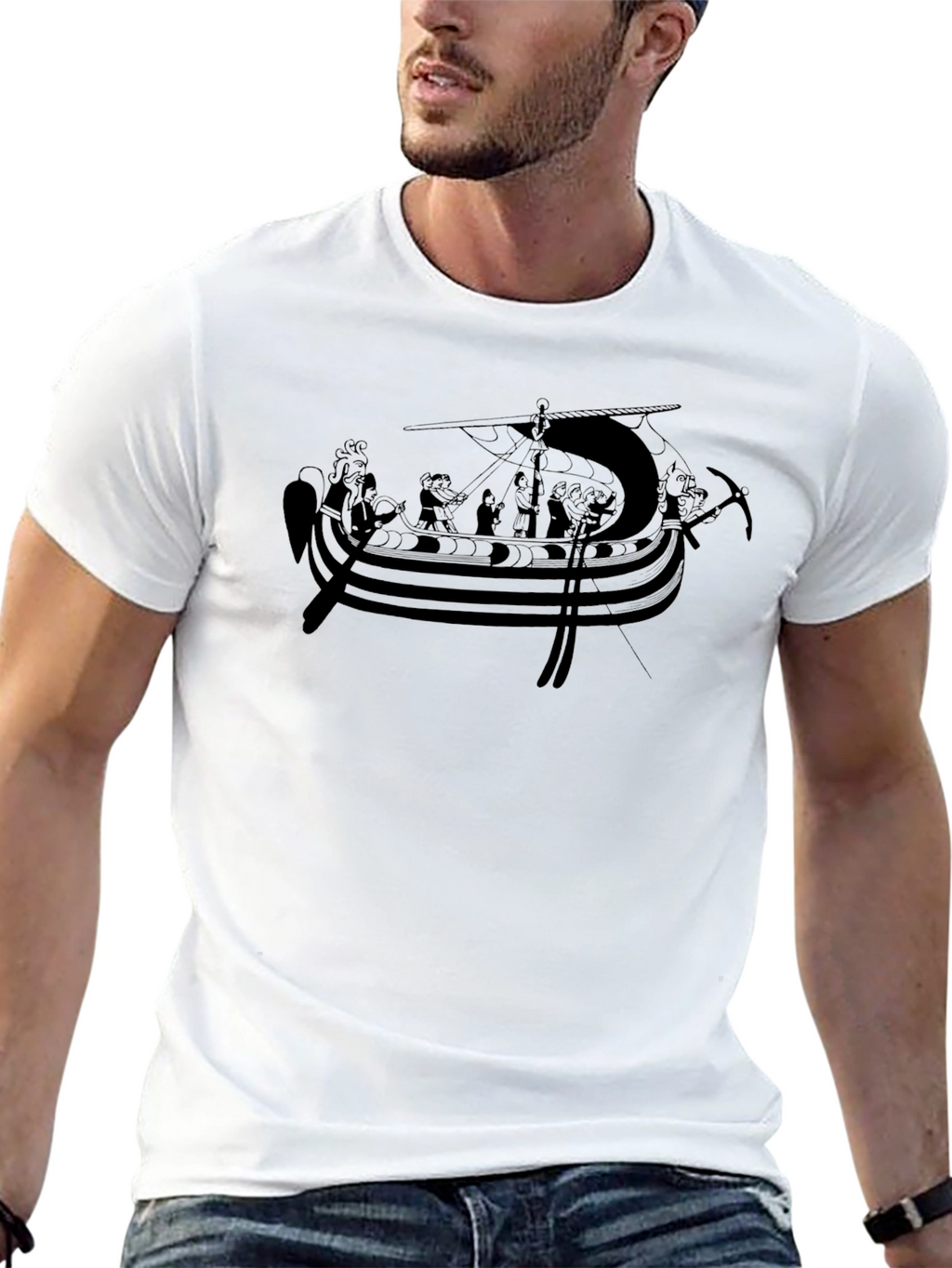 Viking Ship Graphic Tee - Black Cotton Blend