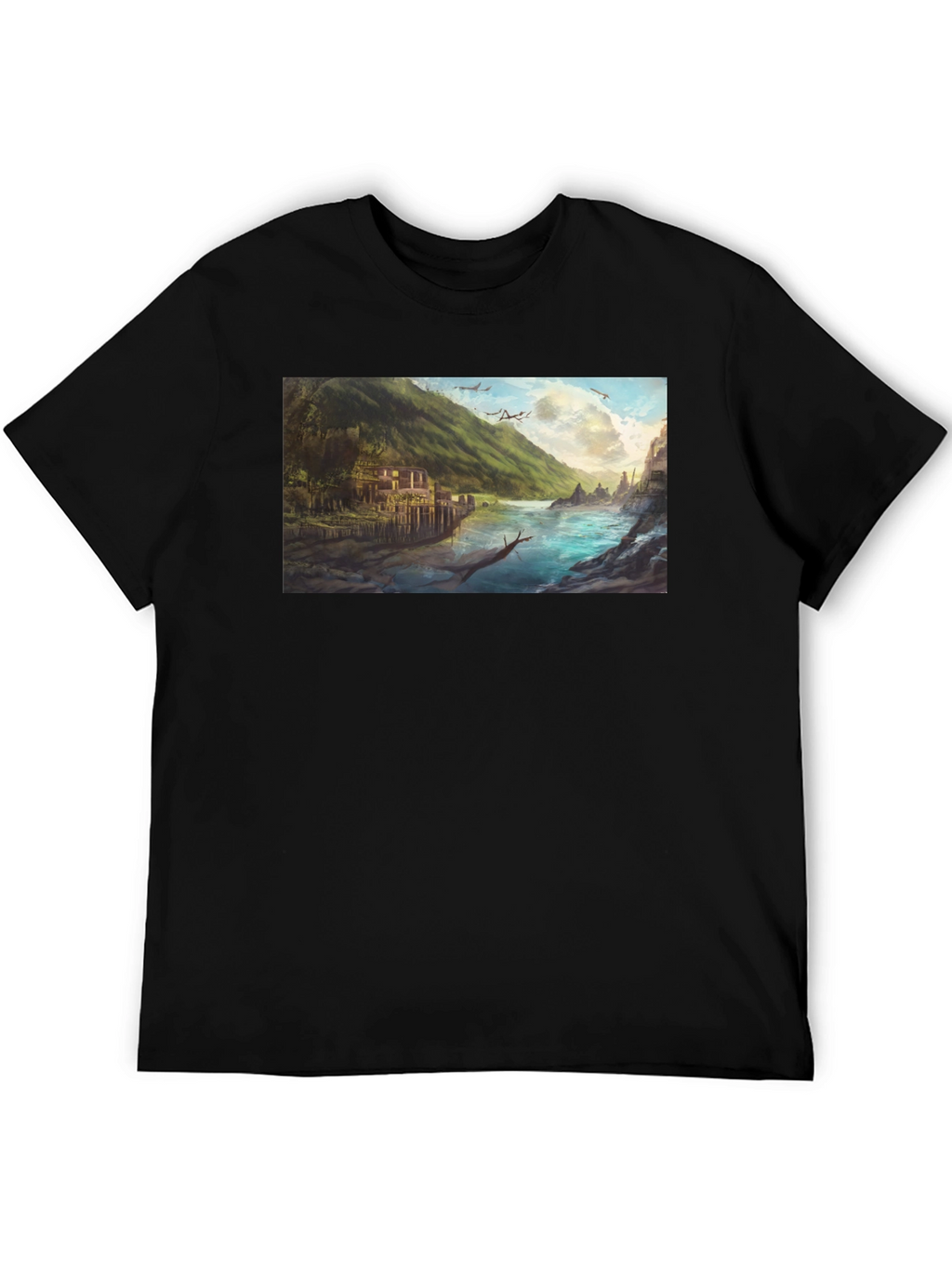 Scenic River Landscape Graphic Tee - Black
