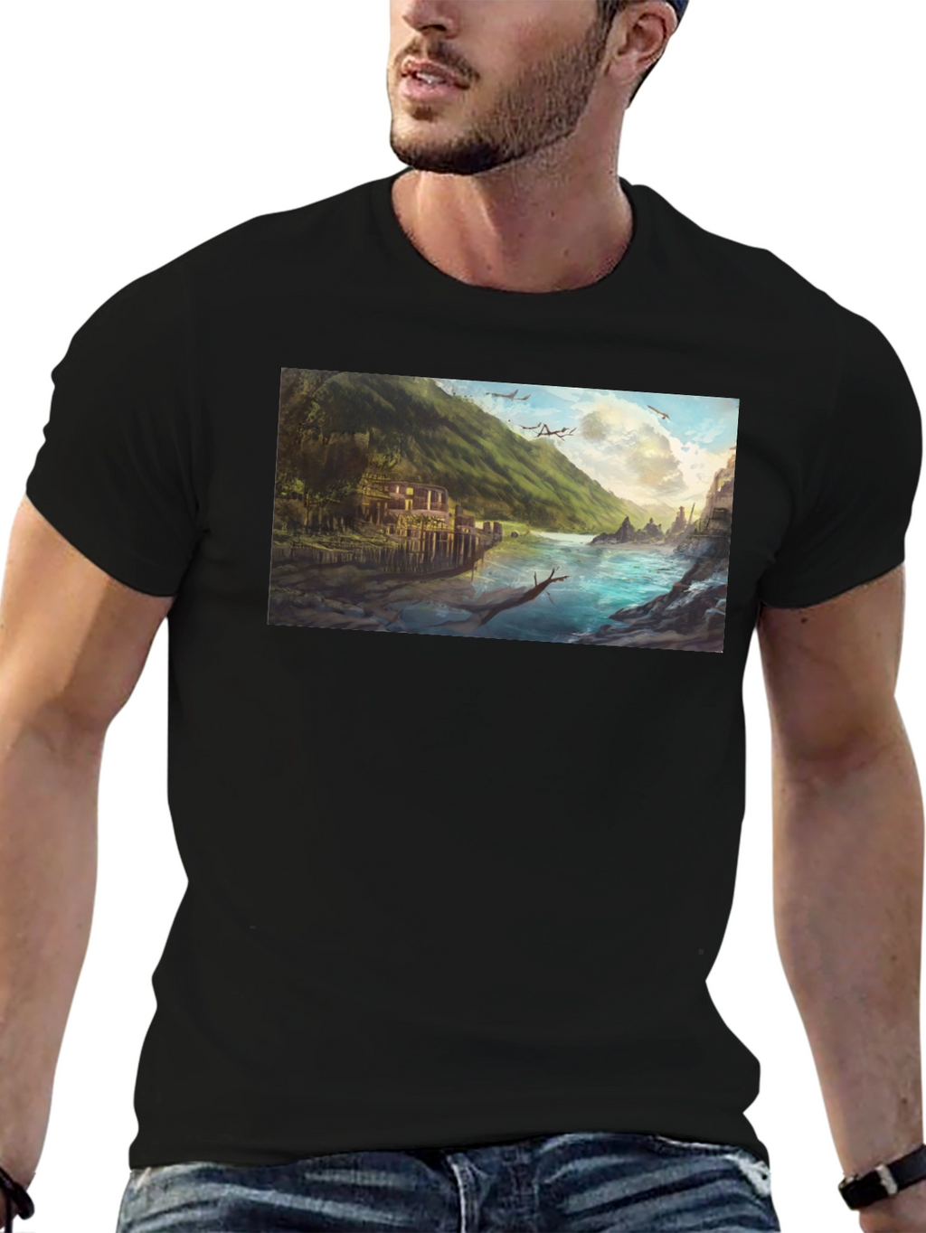 Scenic River Landscape Graphic Tee - Black