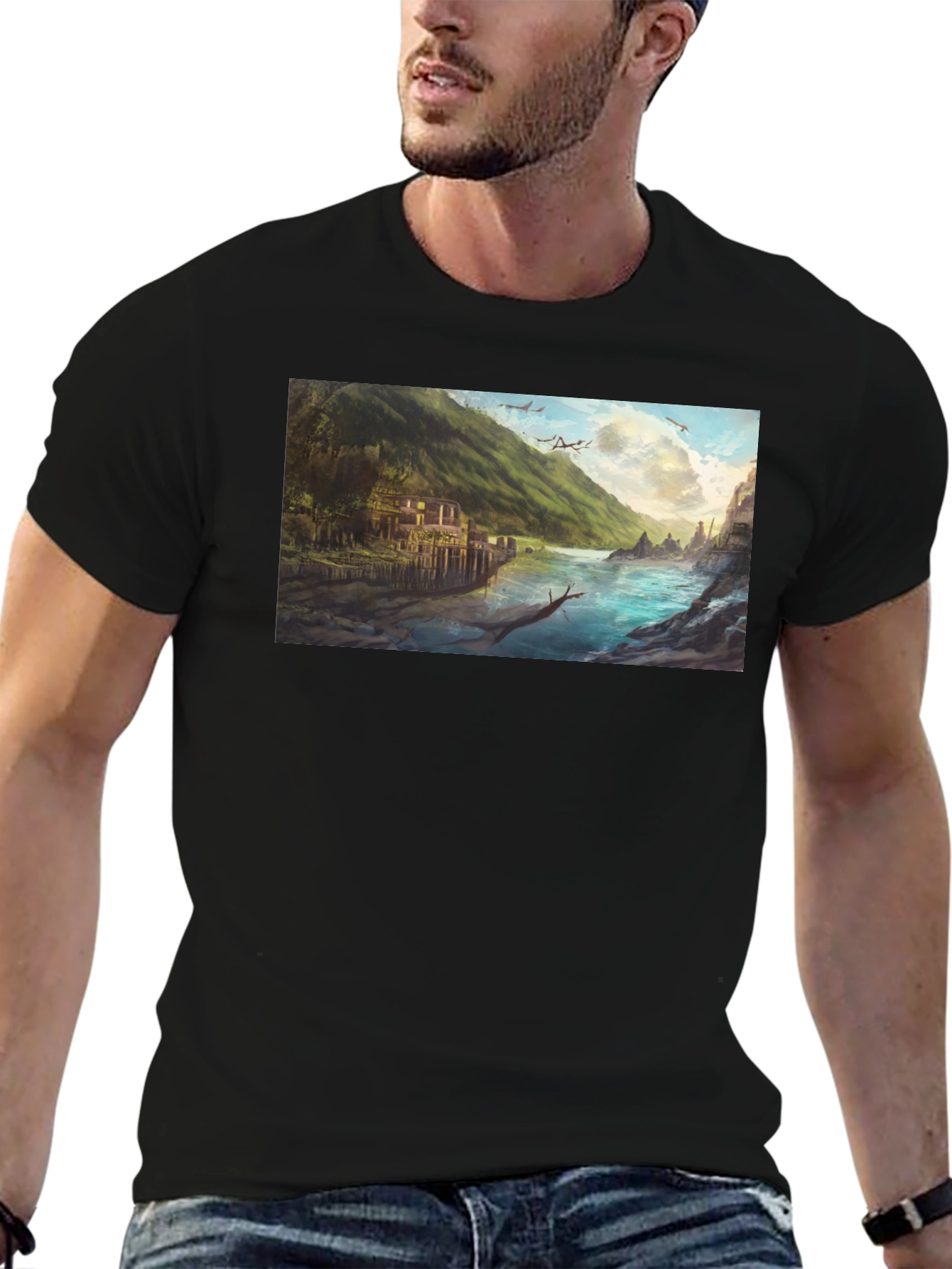 Scenic River Landscape Graphic Tee - Black