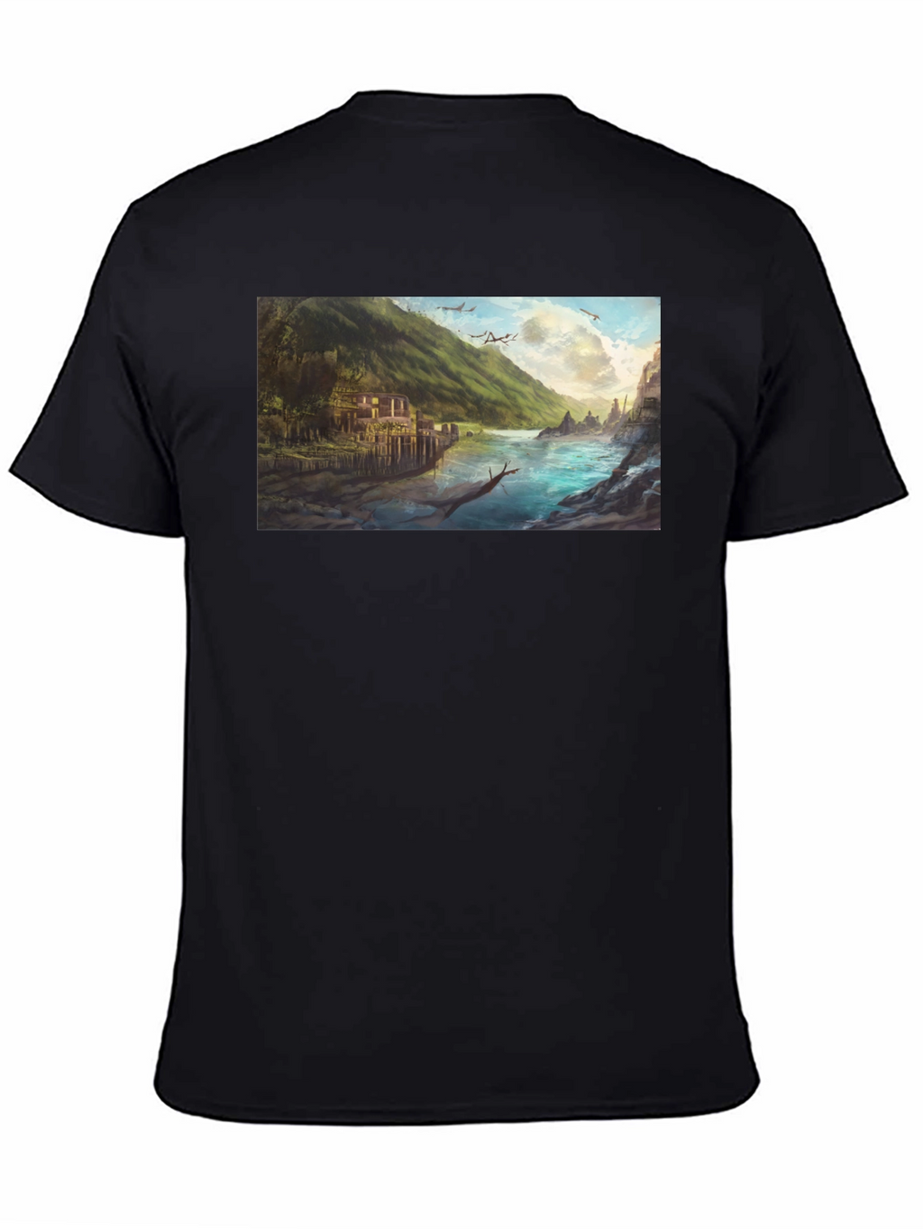 Scenic River Landscape Graphic Tee - Black